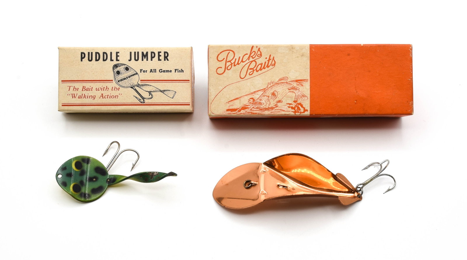 Buck's Spoonplug & Puddle Jumper: No. 903 stamped Buck's Baits box with a large 4 1/4" copper Spoonplug (box is Ex-, lure is shiny Ex). And a scarce Gook Bait Co. Puddle Jumper, the early Patent Pending picture box is stamped Frog-Col