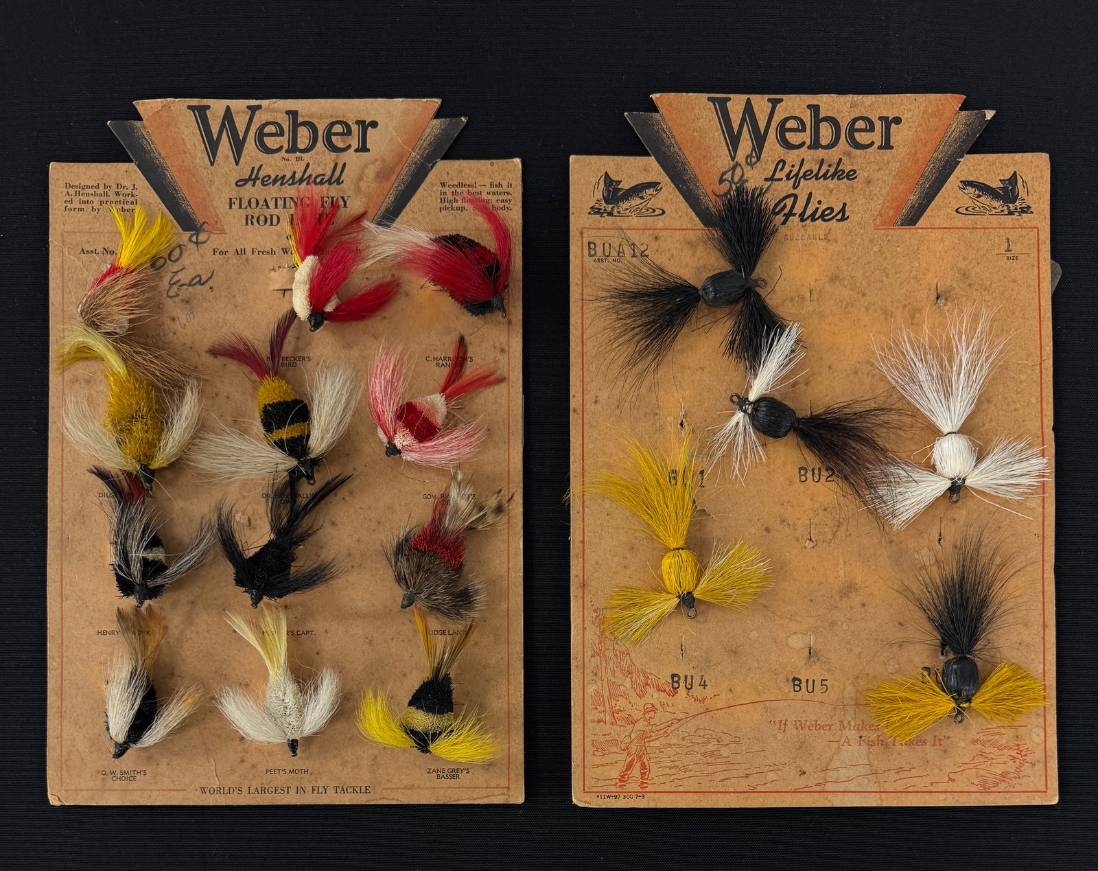 Weber Store Display Cards: Very rare No. HL "Henshall Floating Fly Rod Lure" counter card including 12 deer hair Henshall baits. The card measures 10 1/4" tall x 6 7/8" wide and retains the back stand-up flaps, the front with p
