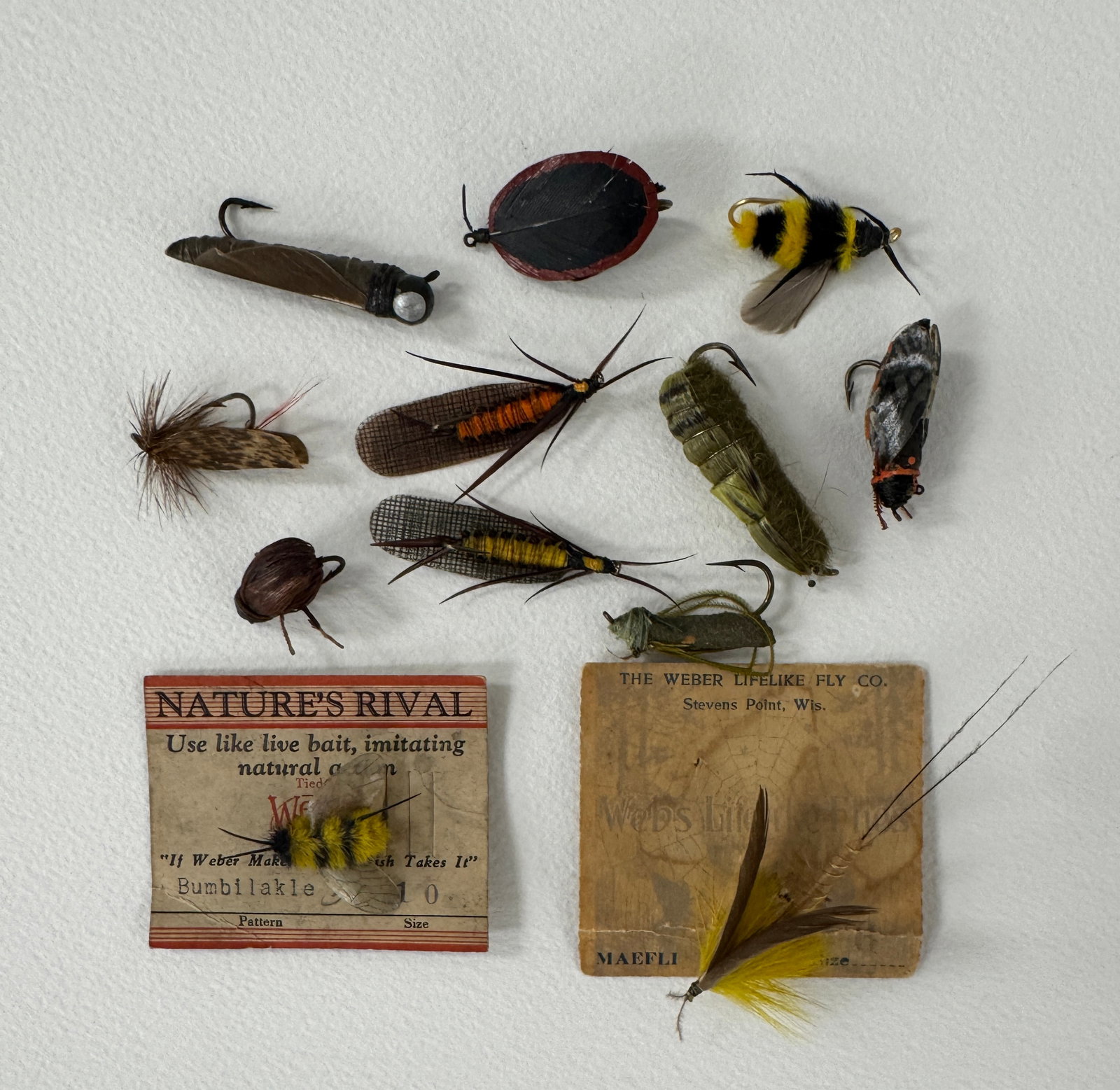 Early Weber "Nature Lure" Flyrod Lures: A scarce selection of Weber's realistic baits, two on the card, including the rare Maefli. Also a very scarce Dobsonakle, Lokusakle, Bumbilakle, Beetilakle, Juneakle, etc. Most appear unfished and gra
