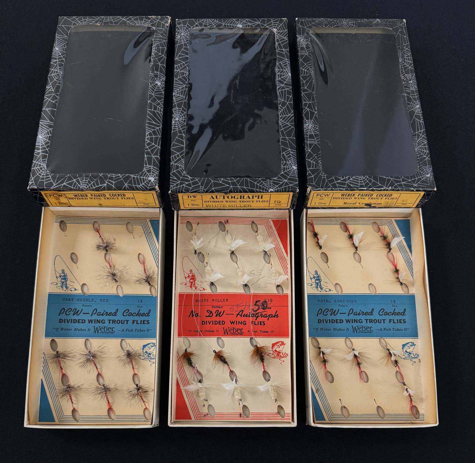 3 Early Weber Trout Fly Sets: Seldom seen "spider web" papered boxes, complete with insert card, each containing multiple gut leader flies. Includes two: "Paired Cocked Divided Wing Trout Flies" (9 flies and 8 flies), and a No. DW