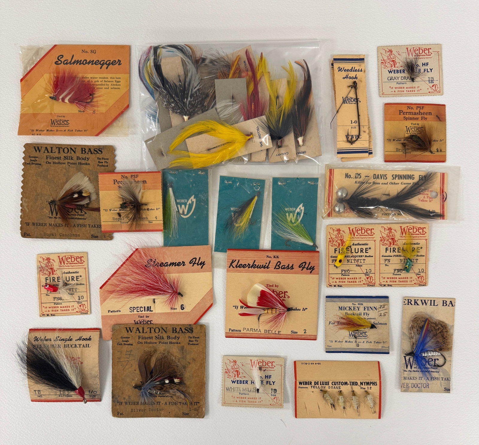 Weber Carded Flies: Great color set of (10) flies each on the H.O.B. Streamer Fly individual card with pattern identification, all unfished and Ex. Also a collection of Weber cards with flies, flyrod baits and weedless h