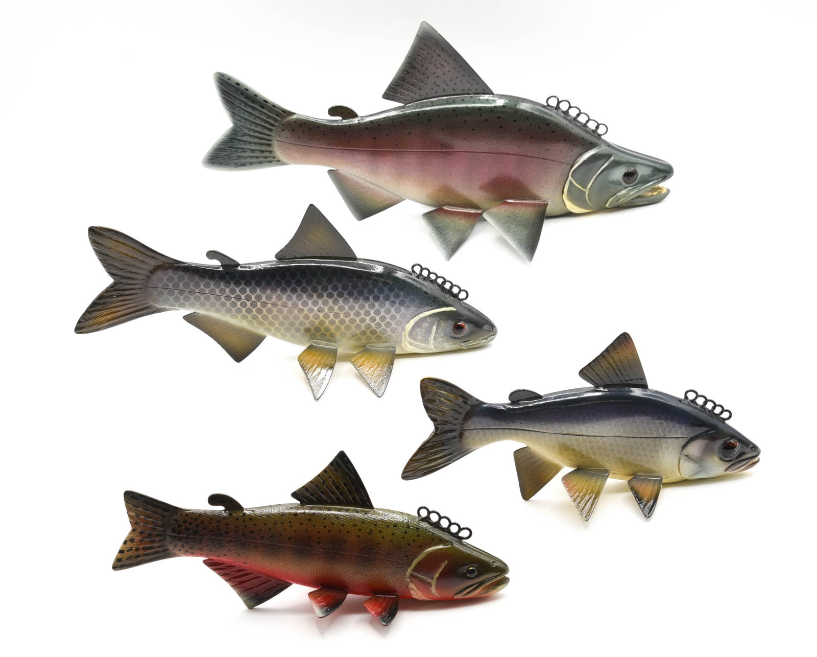 Paul McNeal Fish Decoys: Realistically painted salmon, whitefish, white perch and char by the award winning Minnesota decoy artist Paul E. McNeal, each in Ex condition and hand signed on the belly.