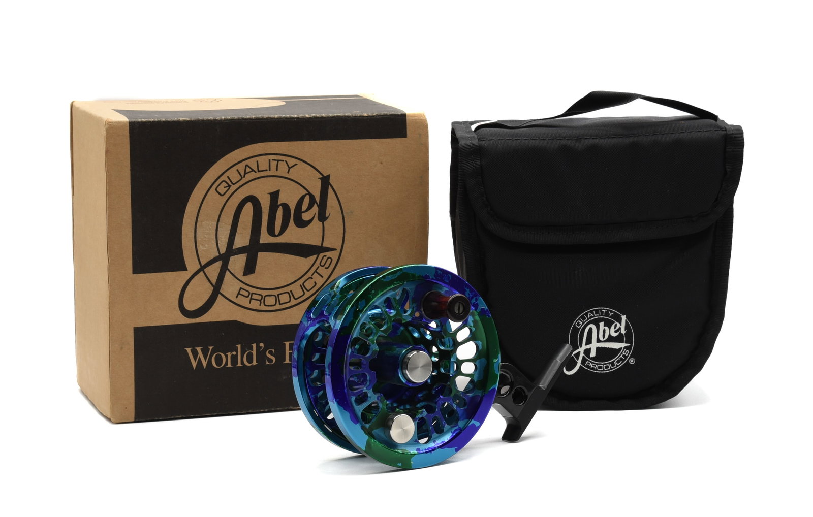 Abel Super 8 Fly Reel: A mid-arbor model Super 8 with a 3 7/8" diameter and 1 1/8" wide spool, finished with a light blue/dark blue/green camouflage pattern. Factory built for right hand wind, but convertible to left hand w