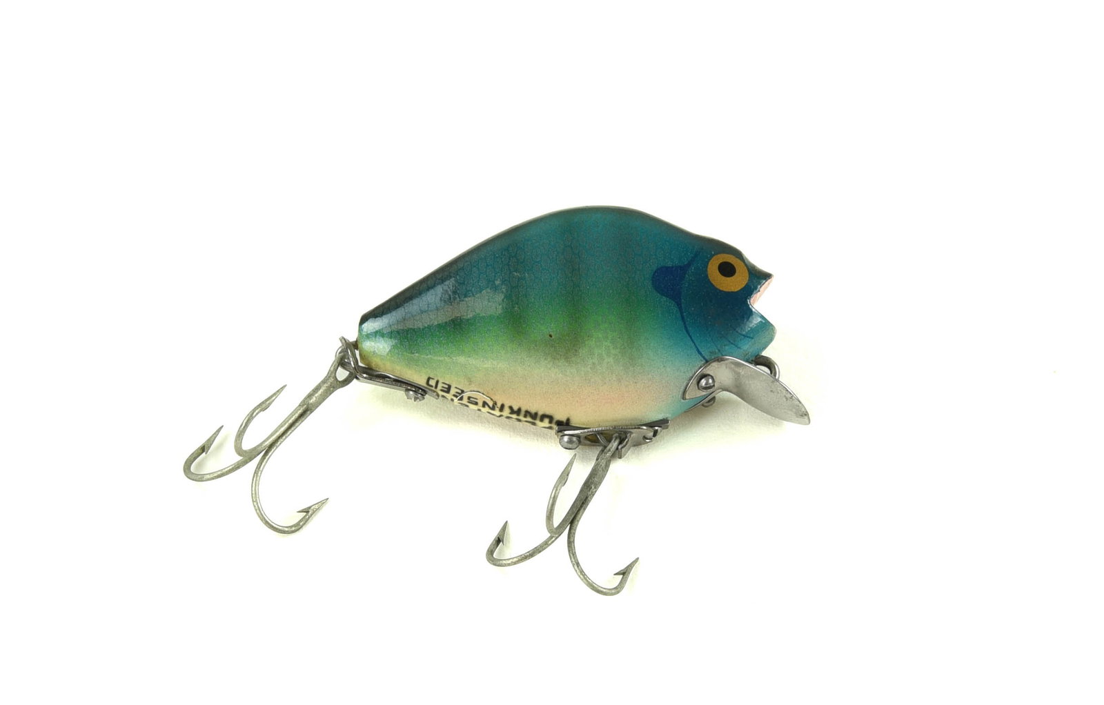 Heddon 740 Punkinseed: Beautiful blue/green finish on this unfished 740, strong Ex-/Ex condition with only very light shelf wear, a slightly popped belly weight and one small pointer. Featuring 2 piece hardware, gold painte