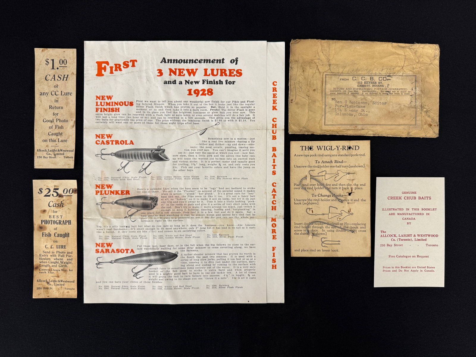 Creek Chub - AL&W Ephemera: Dating from from 1928 to 1931, including a "How To Use The Wigl-Y-Rind card retaining two replacement hooks for the bait, 2 lure box insert cards with an offer from the Allcock, Laight & Westwood Co.: