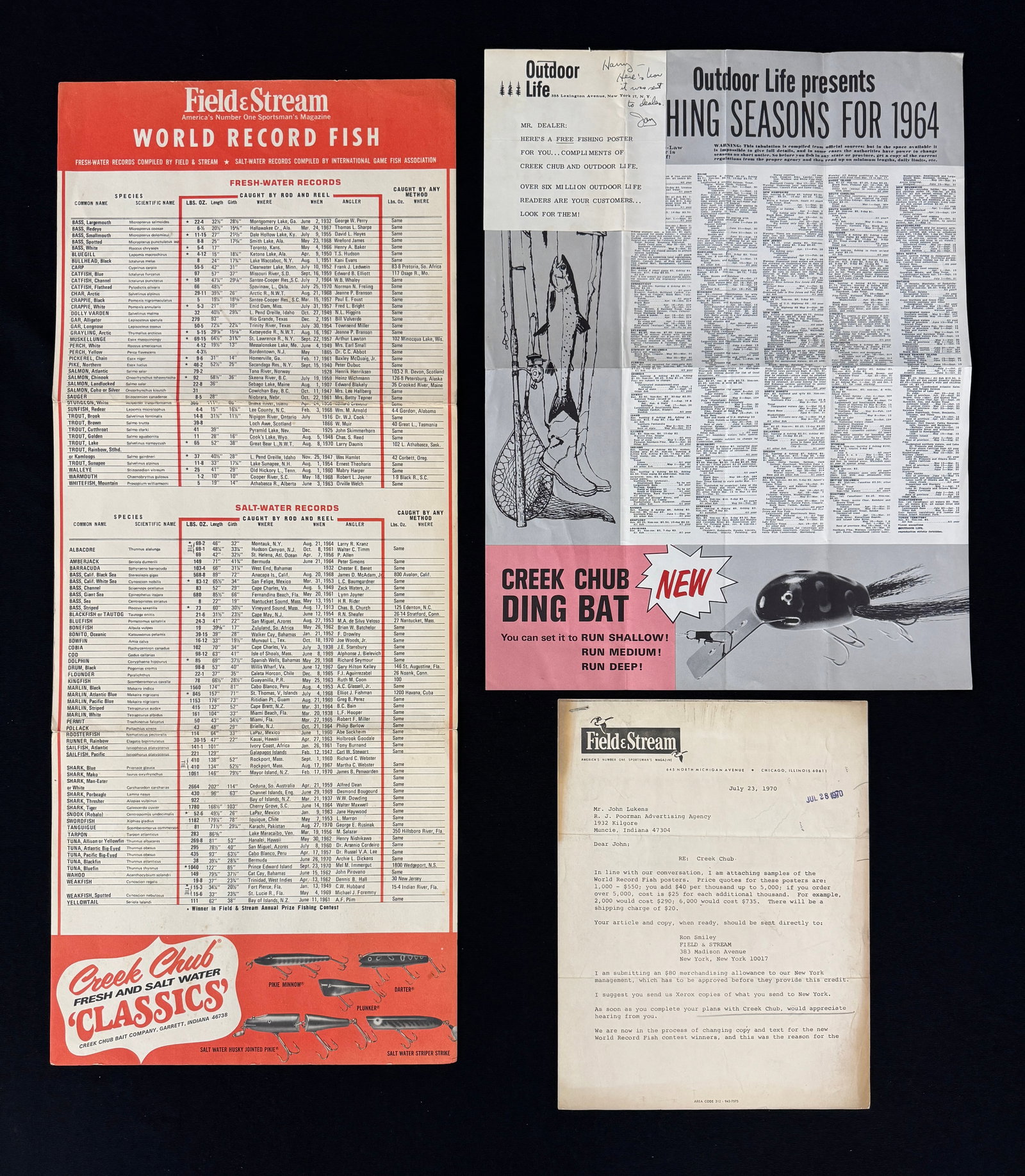 Creek Chub Advertising "World Record Fish" Poster: Dating from 1970 and accompanied by the letter from Field & Stream to Creek Chub's ad agency, this large 26 3/4" x 11" tri-fold poster lists the "World Record Fish" by species and includes photos of