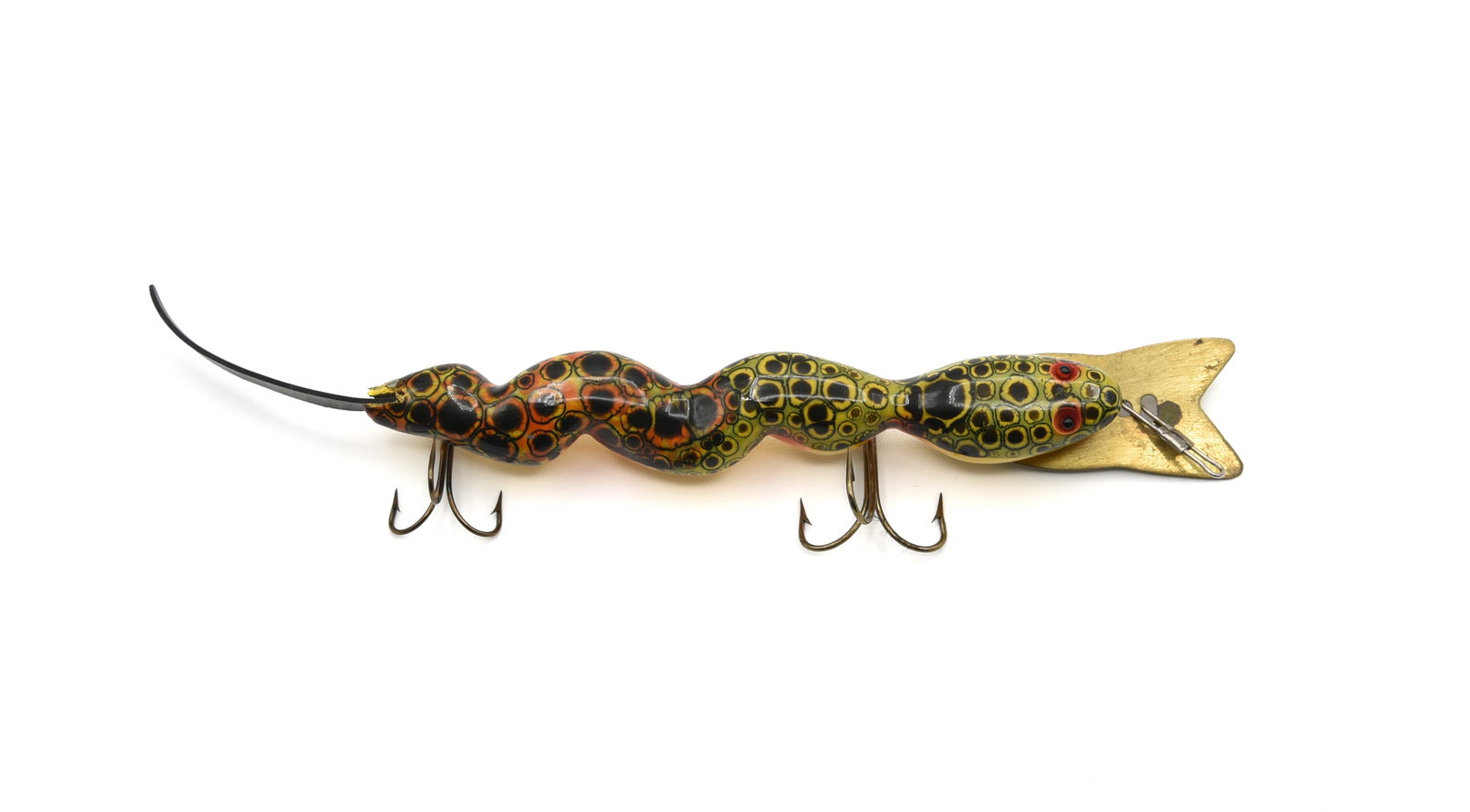 Bud Stewart Snake Wiggler: Carved and painted by Bud Stewart in the 1980s, in Ex condition throughout, bright and shiny. Measuring 8 1/2" overall including the metal lip and rubber tail. In Stewart's signature paint pattern, ve