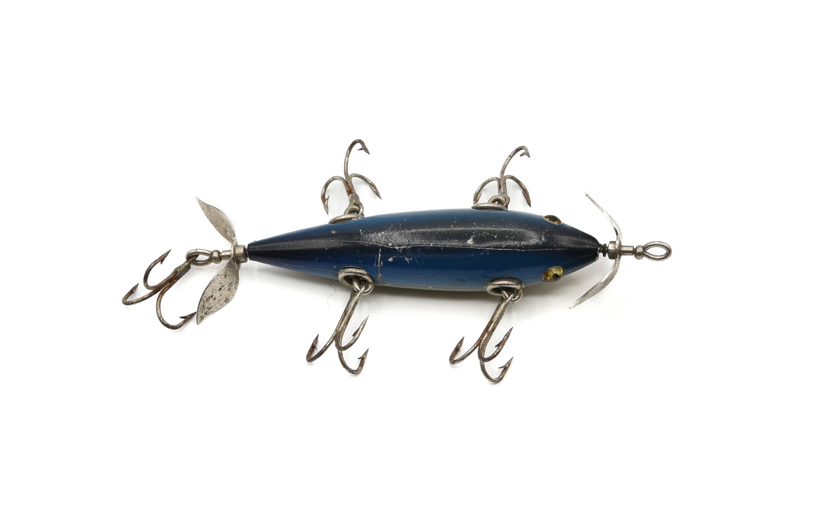 Pflueger 5hk Neverfail Minnow: Finished in rare blue back blended to aluminum with red hand painted gill marks, unmarked props and Neverfail hardware. Condition is VG/VG+ due to light wear, pointers, hairlines, tiny bubbles, nose c