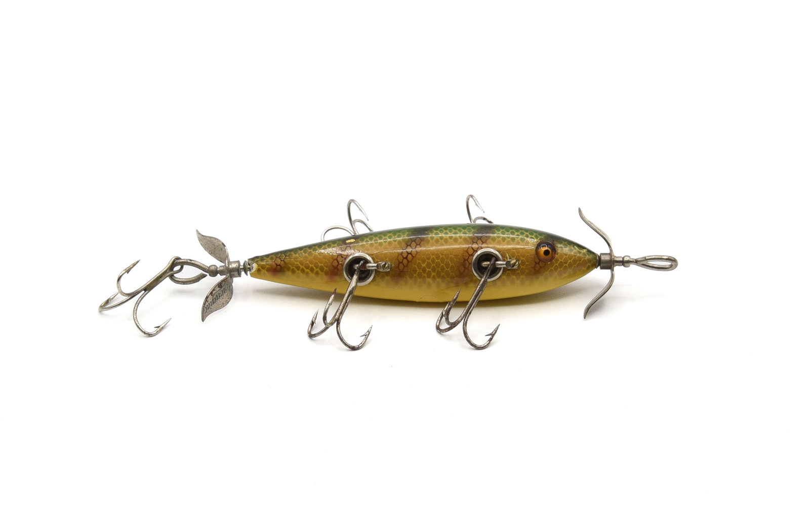 Heddon 150 Underwater Minnow: 5hk minnow finished in bright perch scale, with good glass eyes, marked props and L-rig hardware. Possibly unfished but light wear, tail chip, a few hook marks and ring around the belly weight, so nea