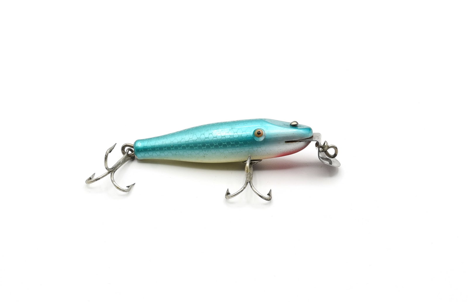 Creek Chub Baby Pikie Special: 907 is striking blue mullet, an uncataloged color on the baby Pikie, appearing unfished, tack eyes with gold back stamp, grading shiny Ex-/Ex with only very slight wear/soiling, factory imperfection a