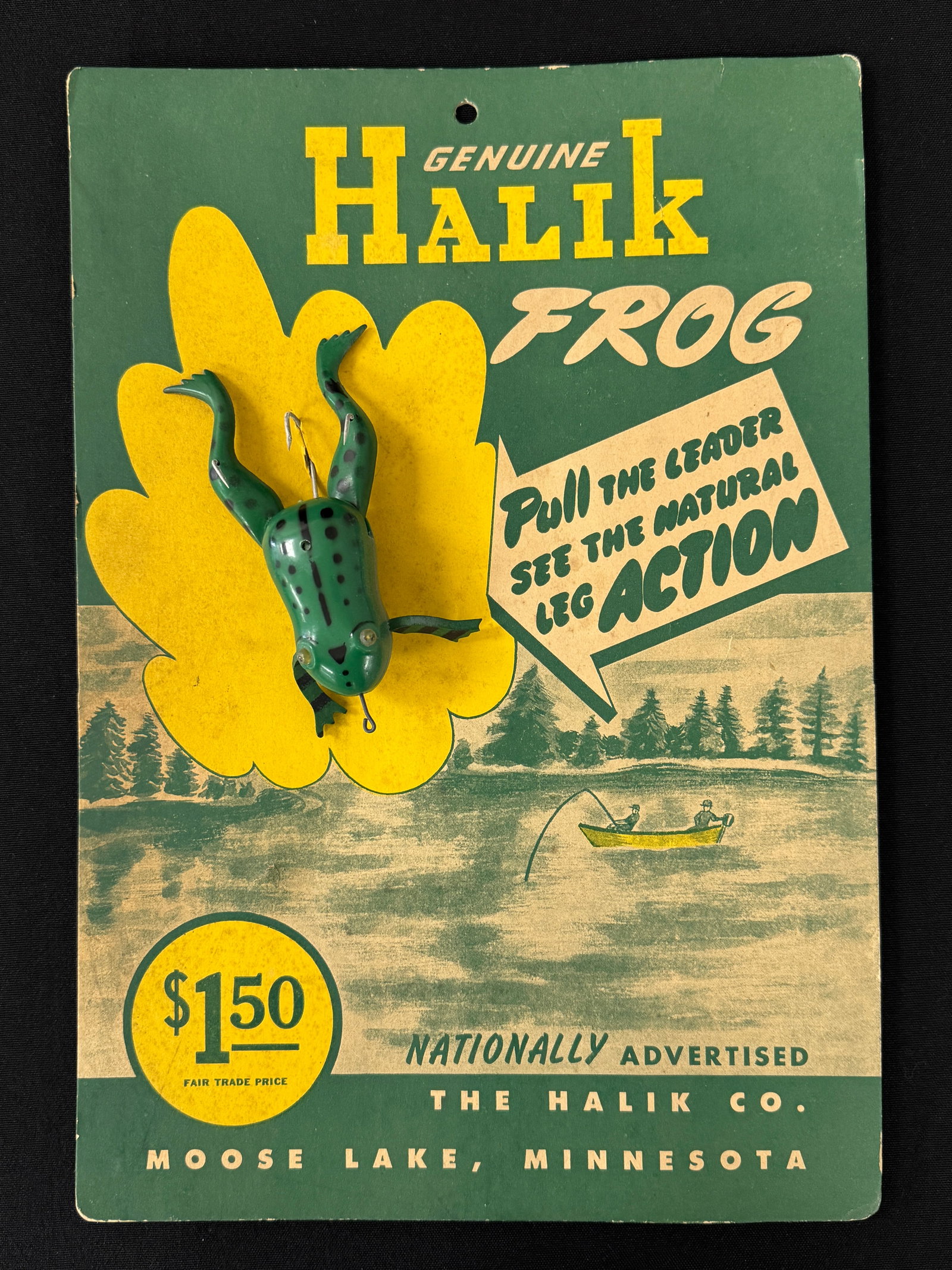 Halik Frog Store Display: Quite rare with only a very few known, this 13 3/4" tall advertising counter card was never used, with the stand on the reverse unfolded. The Halik Frog attached to the sign appears original and is in