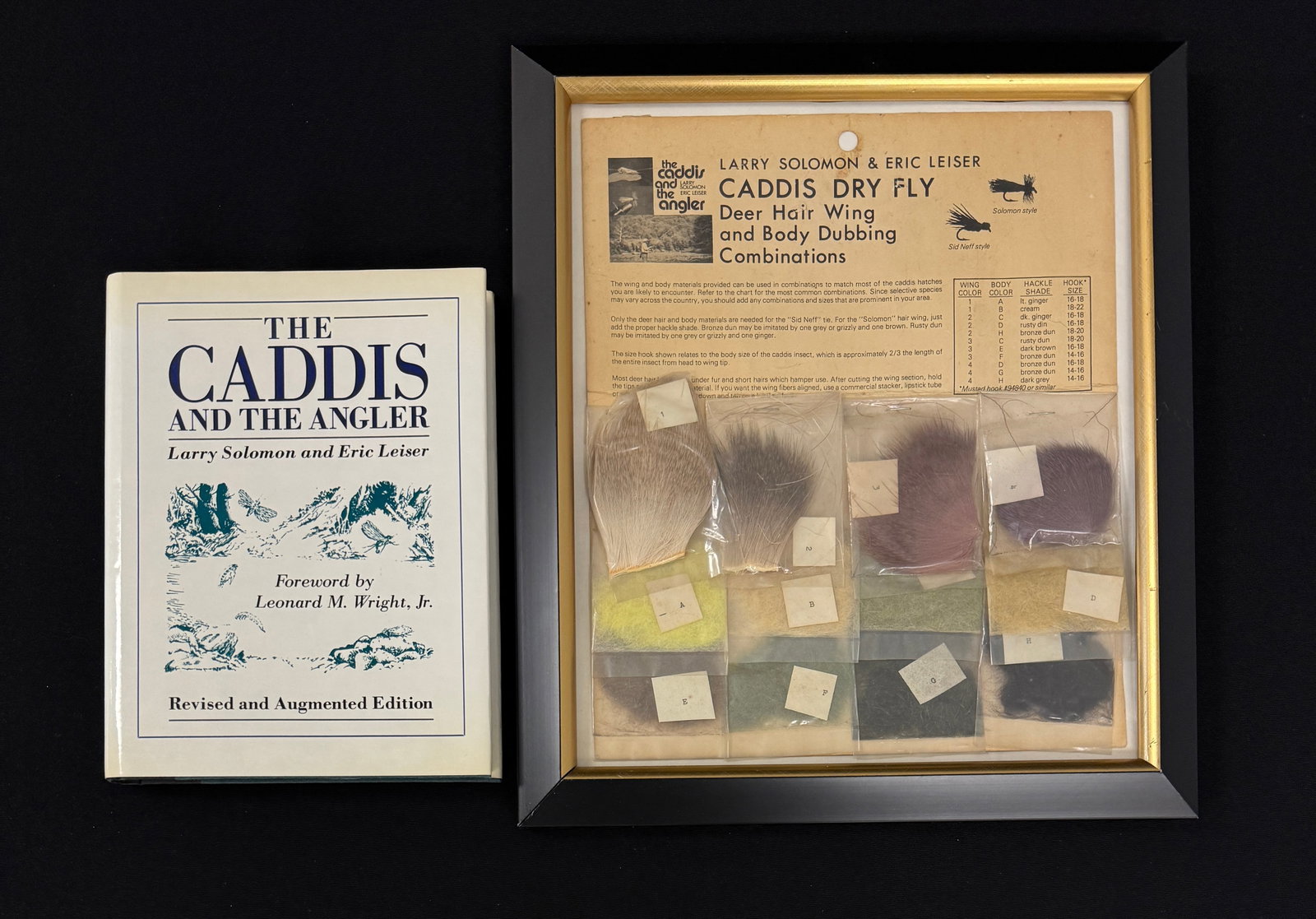 Leiser & Solomon Fly-Material Display & Book: Framed store wall display card: "Larry Solomon & Eric Leiser Caddis Dry Fly Deer Hair Wing and Body Dubbing Combinations", 12 1/8" x 10 1/8", including the original 12 materials samples with which to