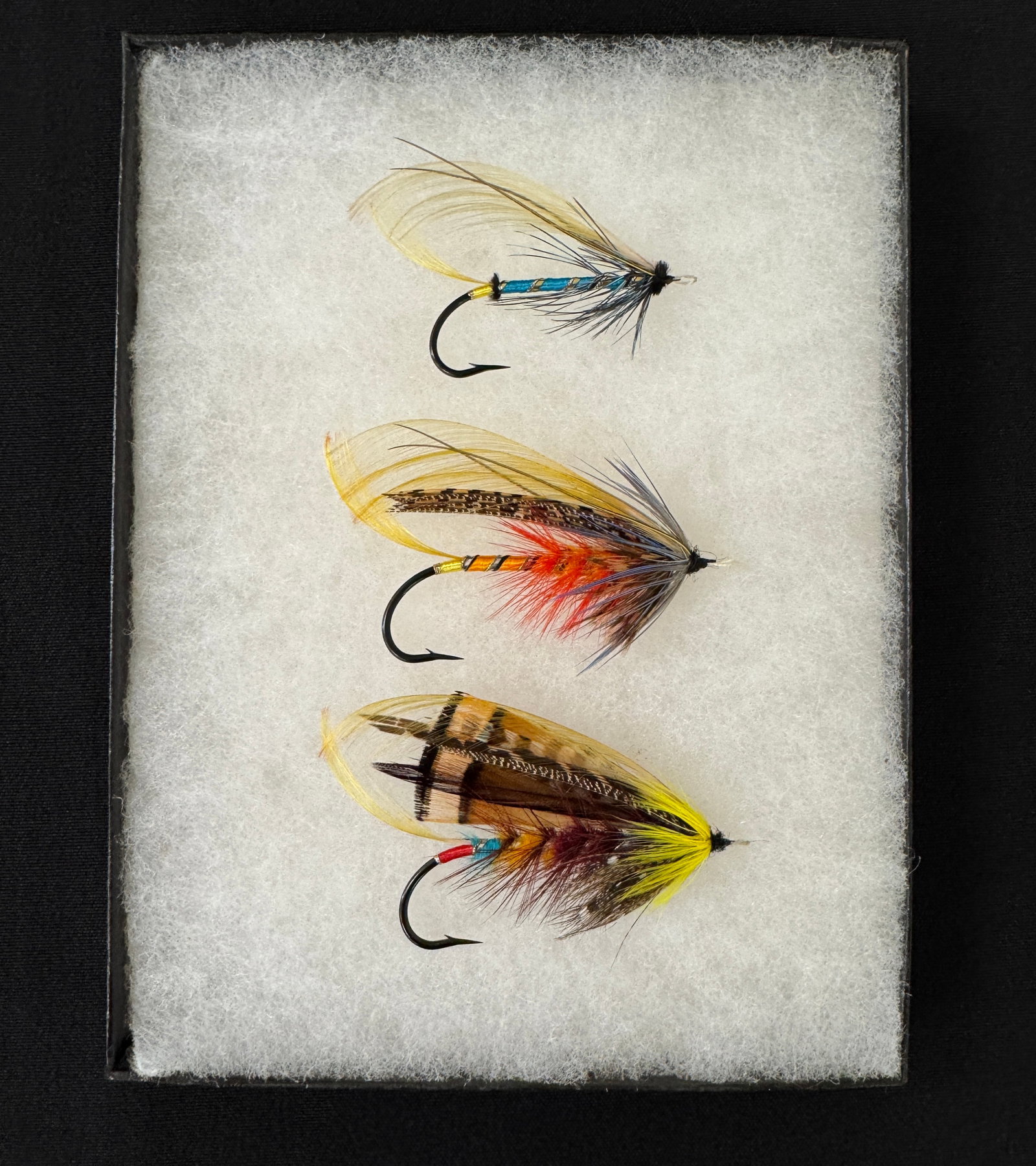 Hrinko Atlantic Salmon Flies: 3 classic flies by Bill Hrinko, a featured tyer in Schmookler's Rare and Unusual Fly Tying Materials. Measuring from 2 3/4" to 3 1/8" overall, all gut-eye and in excellent condition.