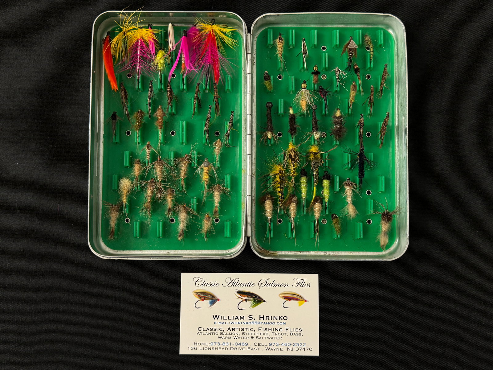 Hrinko Nymph & Streamer Flies: Perrine fly box contains 50+ nymphs and 9 streamers by the award winning tyer William "Bill" Hrinko for his personal use. Accompanied by the tyer's card, the majority appear unfished.