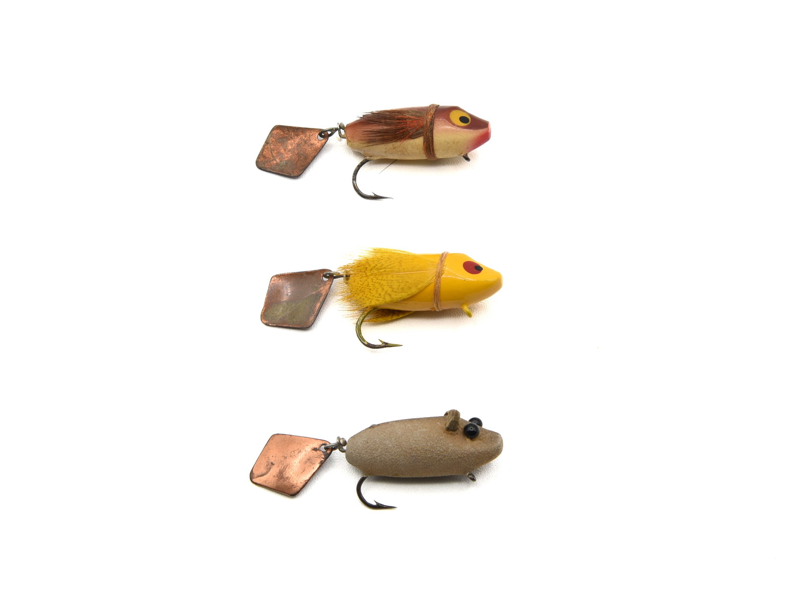 Heddon Flyrod Flaptails: Trout size, 1 1/4", and all appearing unfished, near Ex, with only very slight wear/soiling and a bit of tarnish to the tail spinner. Yellow, brown/white and flocked mouse.
