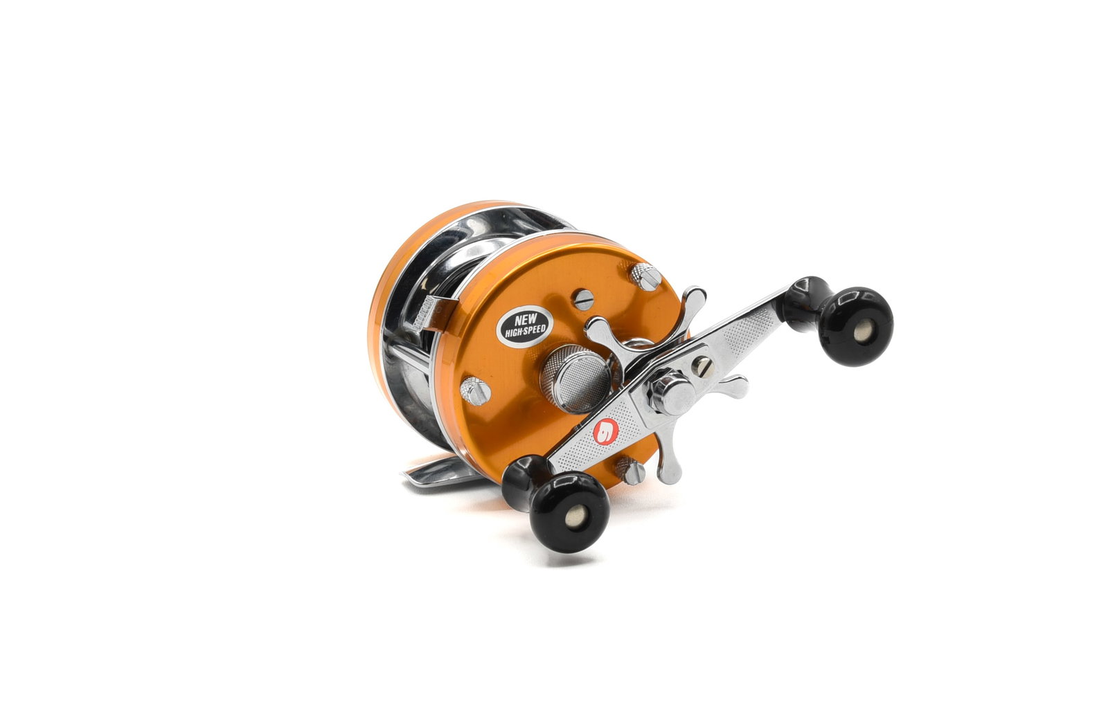Abu Garcia Ambassadeur Casting Reel: Narrow spool, right hand wind, serial number 770400, finished in orange with dual black handle grasps and grading Ex/Ex+, appearing as new.