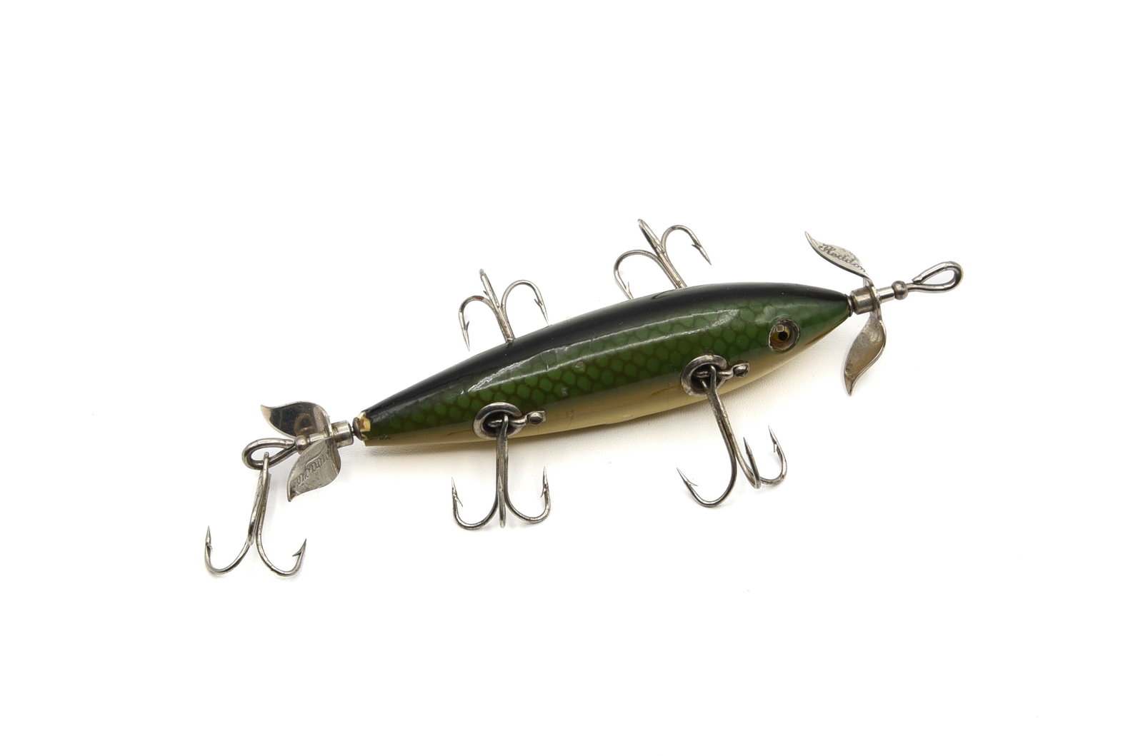 Heddon 159D Minnow: Bright green scale finish, good glass eyes, marked props and L-rigged. Condition is about VG+, with tail chipping, a few hook marks and fine age lines.