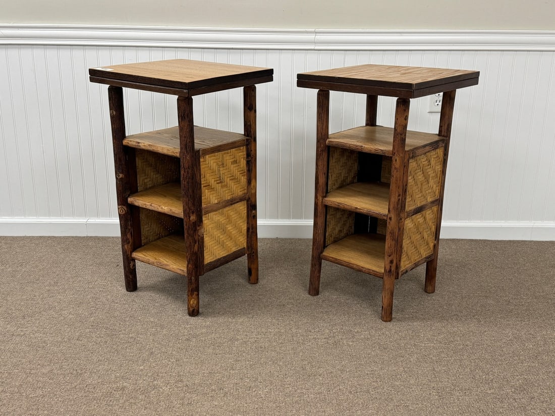 Pair of Old Hickory Stands with Woven Sides: branded Old Hickory, weaving in good condition, clean and in very good condition. From Camp Togus, Whitney Park. 16" x 16" x 30". Magazine Stands No. 239. Circa 1930