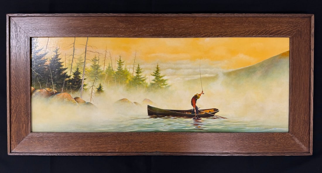 Wayne McLoughlin Oil Painting of Fly Fisherman: oil on board painting in a custom oak frame. Circa 2003. From Camp Togus, Whitney Park. 20" x 43.5".