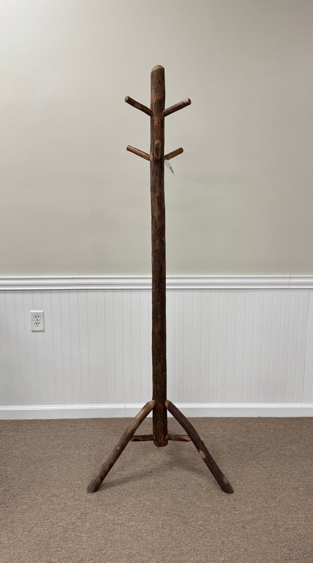 Old Hickory Branded Coat Tree: sturdy and in good condition. 6' Tall. From Camp Togus, Whitney Park.