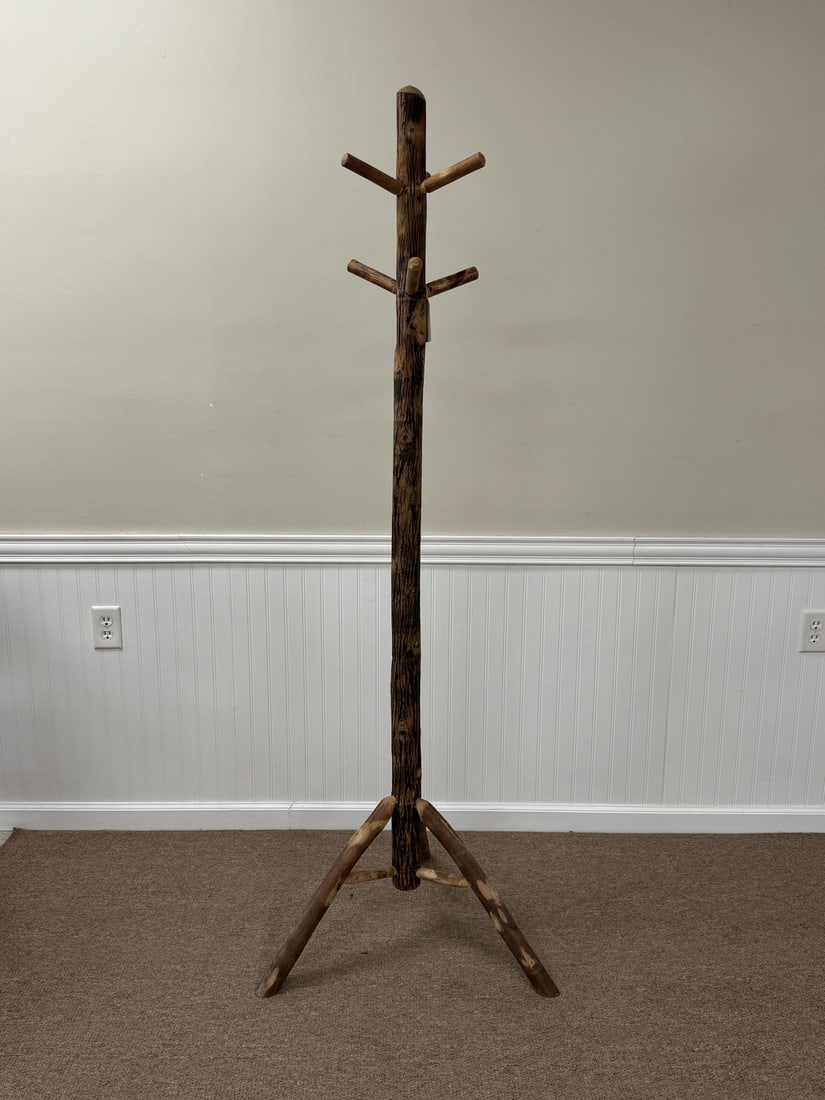 Old Hickory Branded Coat Tree: sturdy and in good condition. 6' Tall. From Camp Togus, Whitney Park.
