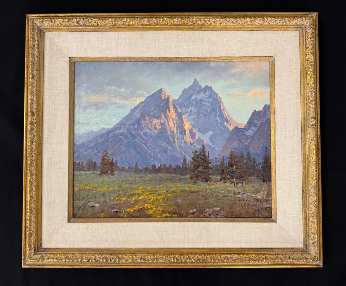 Jim Wilcox Oil Painting "Cathedrals": rocky mountains oil painting on masonite. From Camp Deerlands, Whitney Park. Vanderbilt Whitney Art Collection. 28.5" x 24.5"