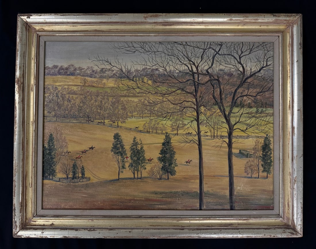 The Meadowbrook Hunt Crossing the Whitney Fields: by Charles Baskerville. Oil on Canvas painting. Dated 1941. Horse painting In a gold gilt frame. In good as found untouched condition. Overall size 28" x 36". From Camp Deerlands, Whitney Park.