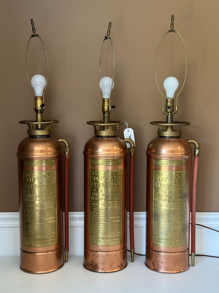 3 Buffalo Fire Extinguisher Copper Table Lamps: 37" tall. From Whitney Park.