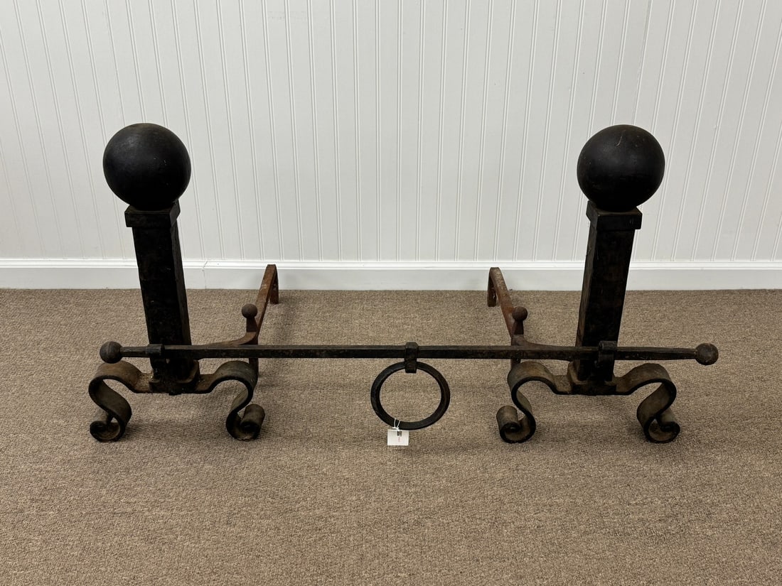 Cannonball Andirons: includes cross bar, scroll feet, 25" tall. From a Camp on Schroon Lake.
