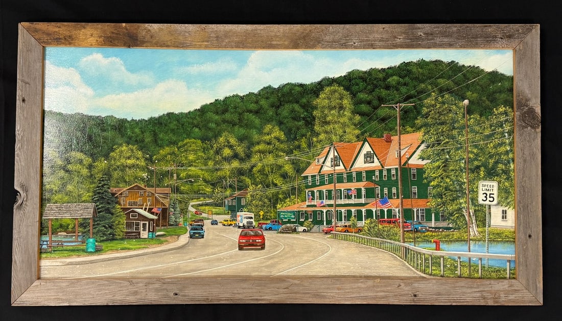 Elmer Lakata Oil Painting of Long Lake, NY: "A View from the Bridge" Oil painting, 1993. Painted on a wooden panel. Some flaking. 28" x 52". In a barn board frame. Original price tag $1850. From Camp Togus, Whitney Park, Adirondacks.