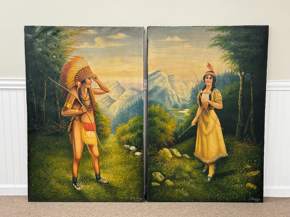 Native American Full Body Oil on Canvas Portraits: unframed, 32" x 48", signed lower right possibly J.Balslov. Both well done with good detail.