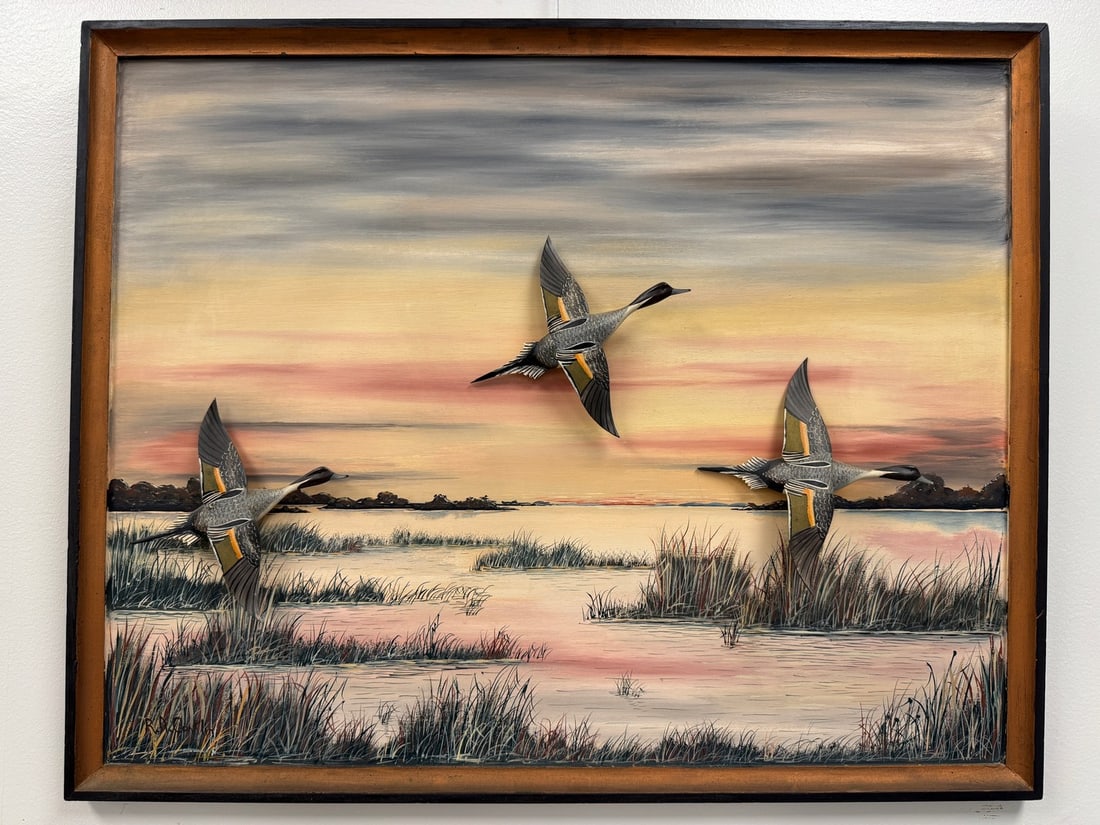 Roy Conklin Pintails Oil Painting: Alex Bay, NY. 1959. With 3 full body flying pintails. 24" x 30" . Signed front and back. Birds and painting both in very good condition. From the Estate of Dr. Dean Hyde. Clayton, NY.