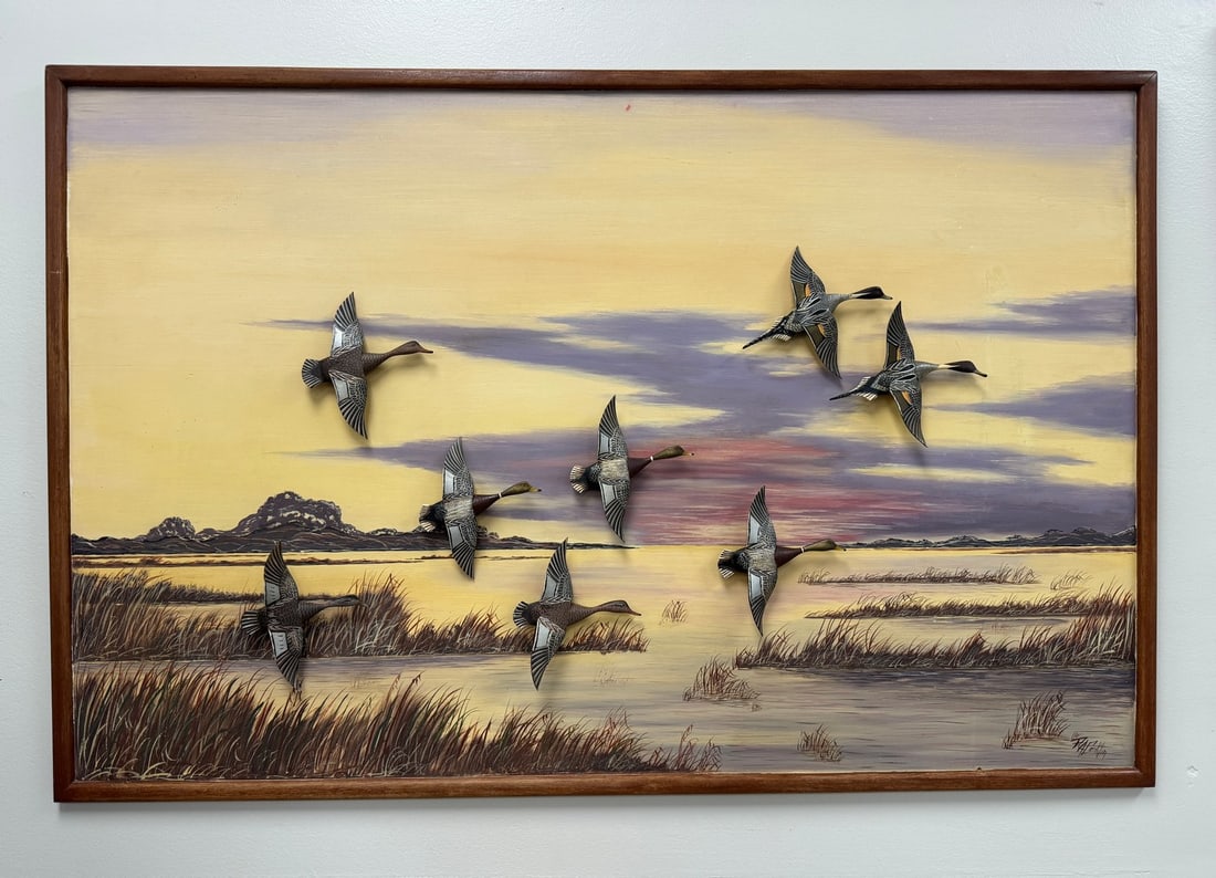 Roy Conklin Painting w/ Flying Mallards & Pintails: Alex Bay, NY. Birds and painting are in good condition. 49" x 32.5" From the Estate of Dr. Dean Hyde. Clayton, NY.