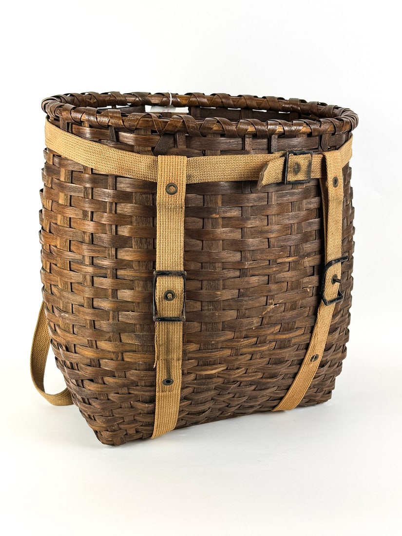 Adirondack Black Ash Pack Basket: with canvas straps. Solid and in good condition. 18" tall.