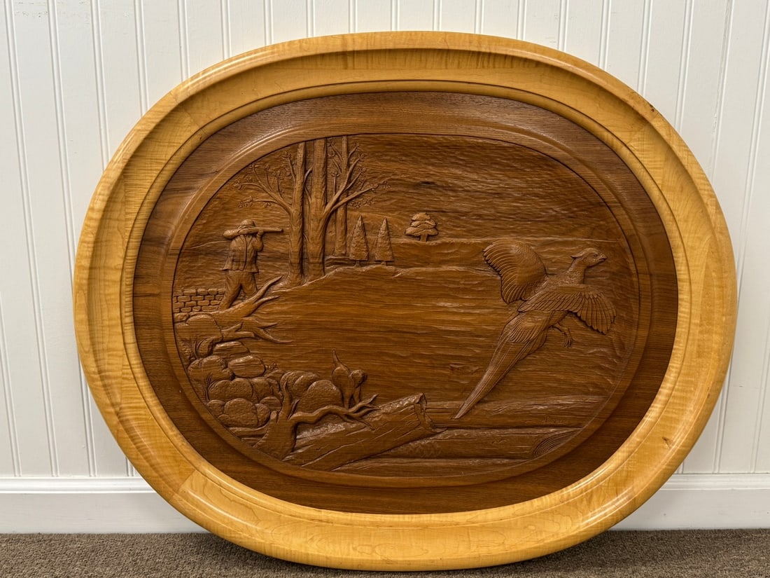Wood Carving Bird Hunting Scene Signed J. Lopez: walnut wood carving in curly maple frame. 32" x 26" . Frame is hand crafted by Bartolotta Brothers