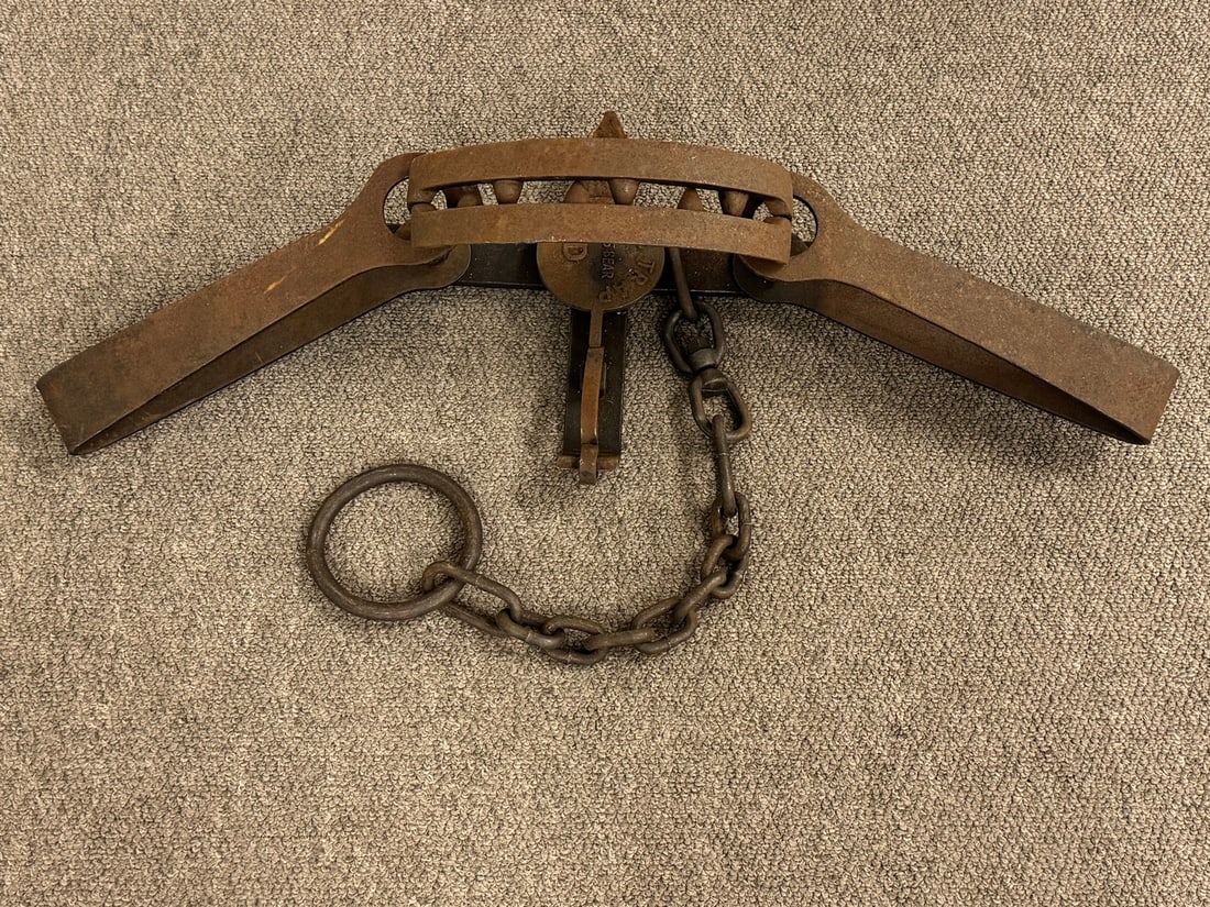 Duke Bear Trap No. 15: with offset jaws and teeth. Trap is 3' long and has a 2' chain.