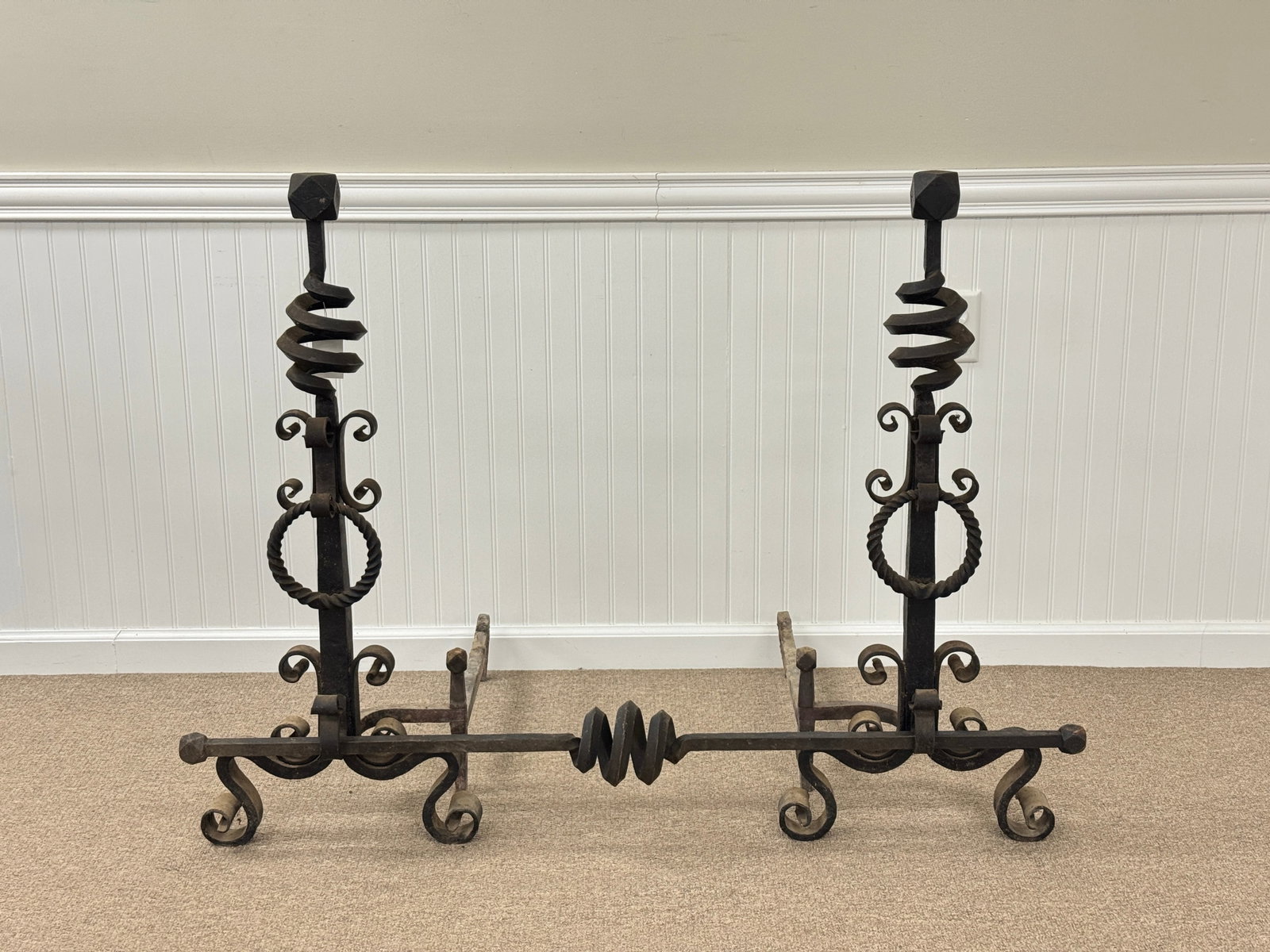 Fancy Wrought Iron Andirons with Scroll Feet (1 of 3)