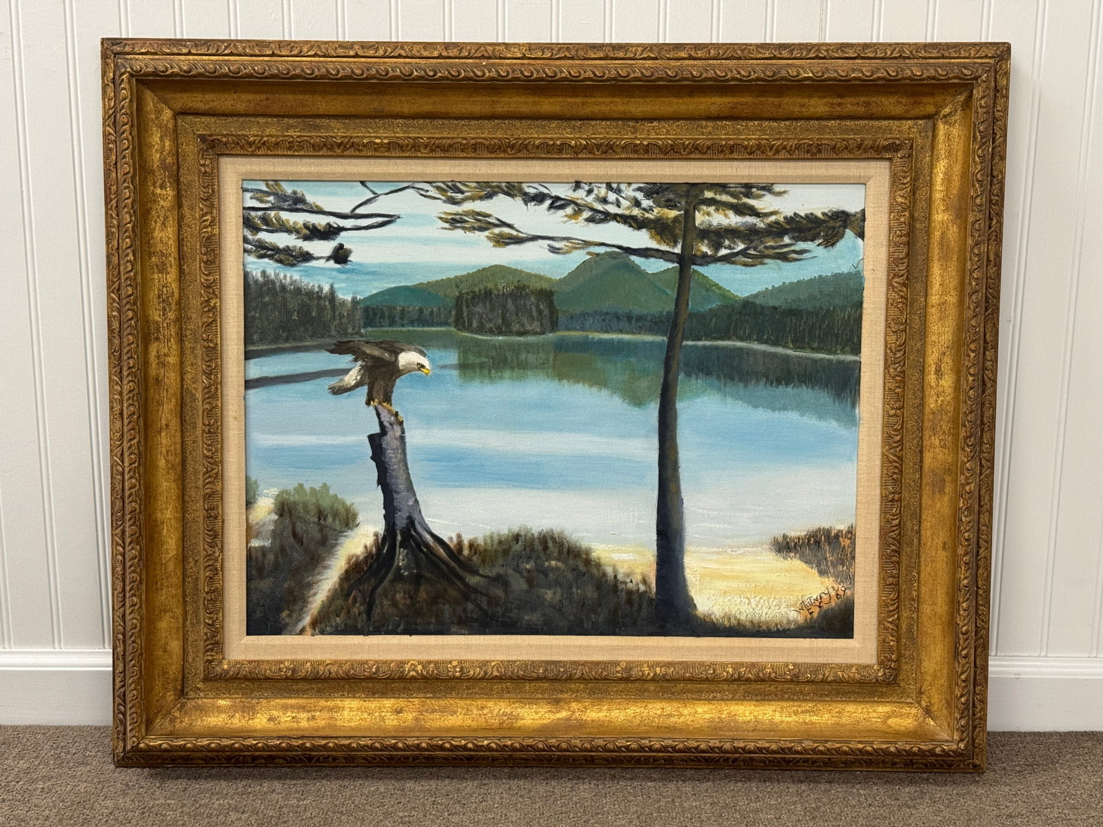 C.V. Whitney Adirondack Oil Painting: with bald eagle. Signed and dated 1969. 33.5" x 27.5" From Camp Deerlands, Whitney Park, Adirondacks.