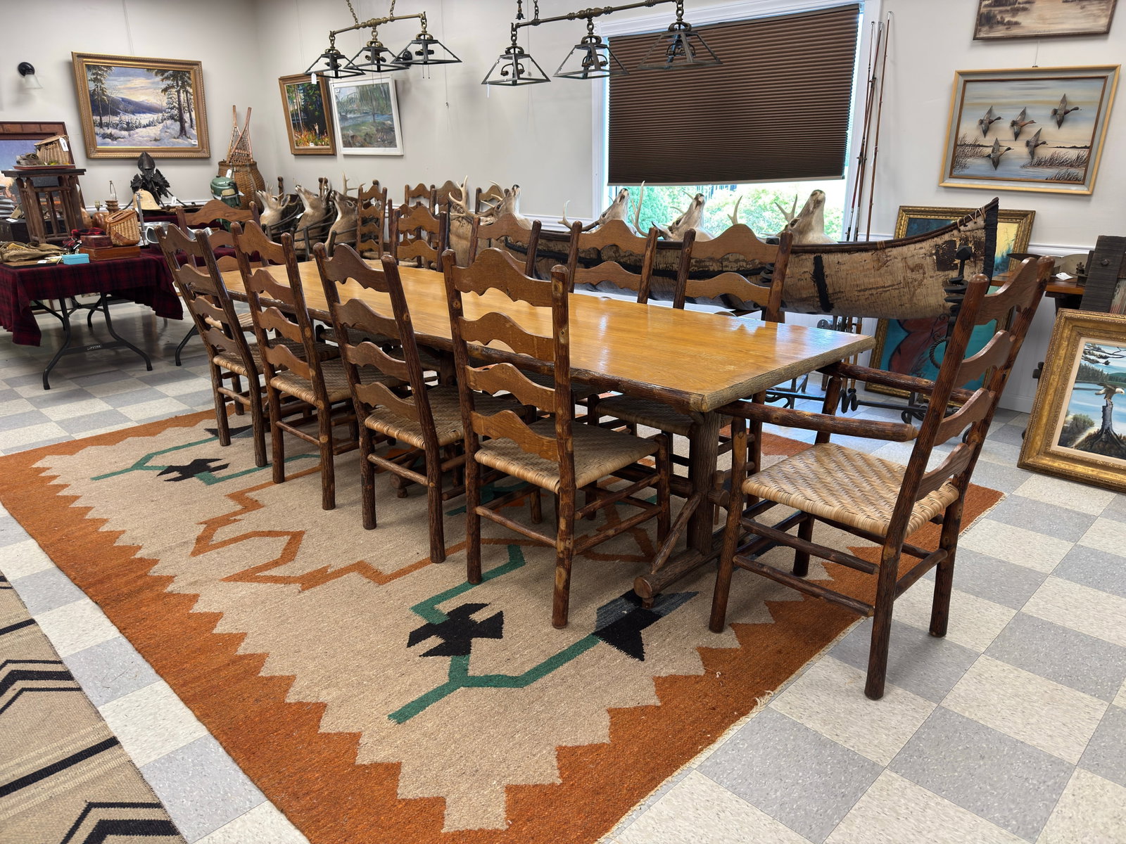 Rare Old Hickory Trestle Table & 10 Chairs (1 of 11)