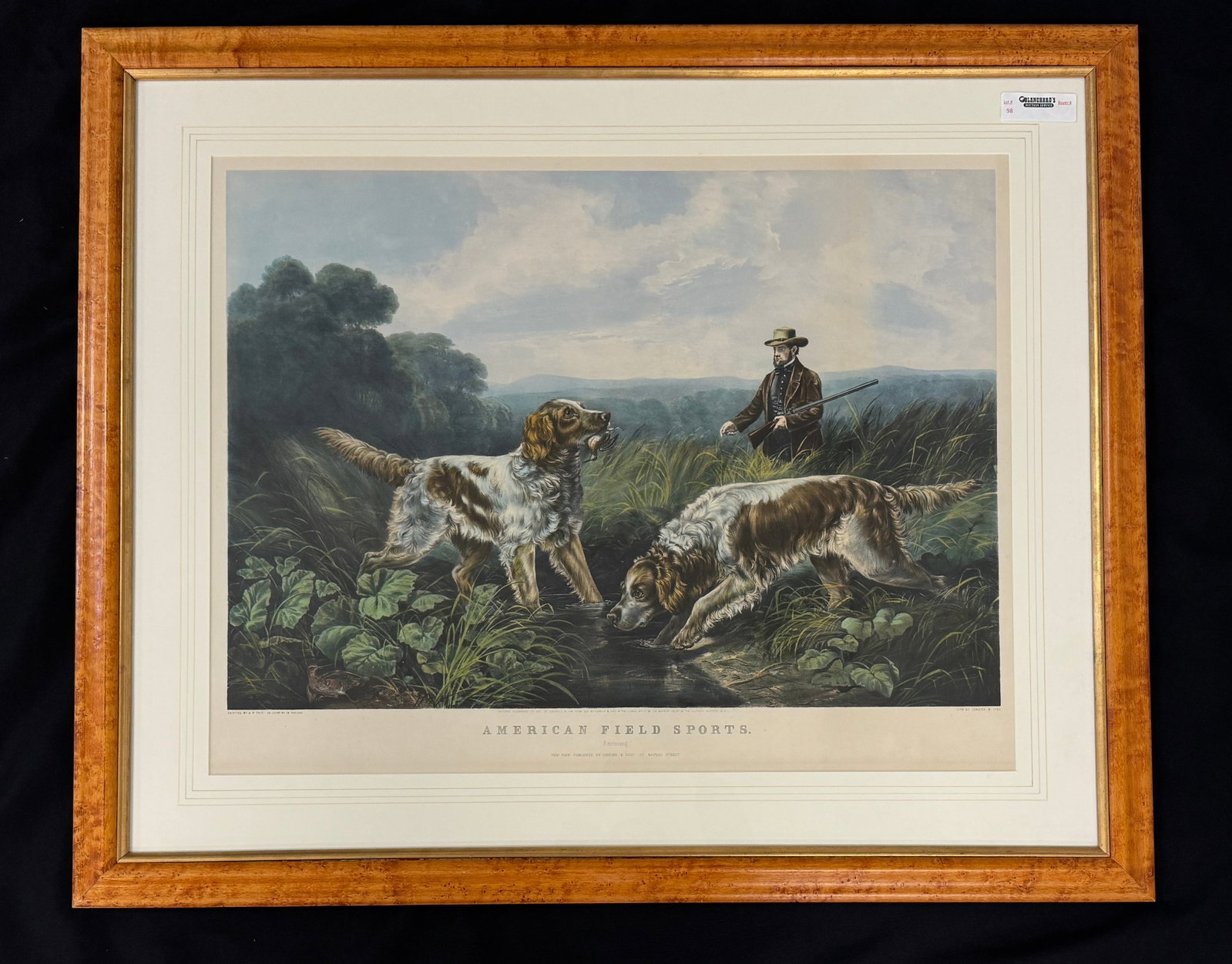 Currier & Ives American Field Sports "Retrieving": large folio hand colored lithograph. Professionally framed and matted. Sight size 21.5" x 27.75". Overall size 30.5" x 36.5". Appears to be in very good condition. Has not been examined out of the