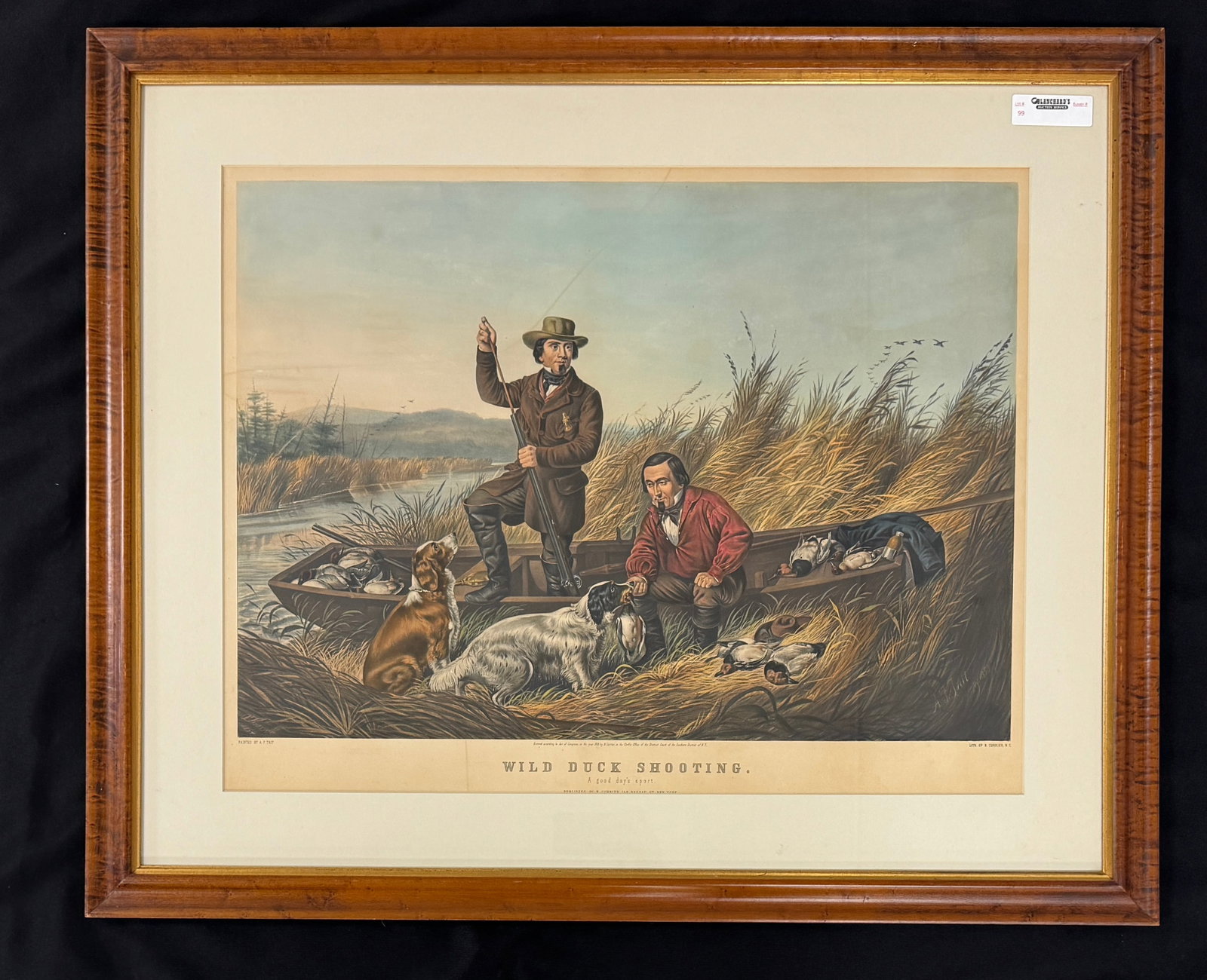 Currier & Ives Wild Duck Shooting: "A good Day Sport" large folio hand colored lithograph. Artist A.F. Tait. Sight size 26.5" x 20.5". Overall size 35.25" x 29.25" In overall good condiiton, not examined out of the frame. From the