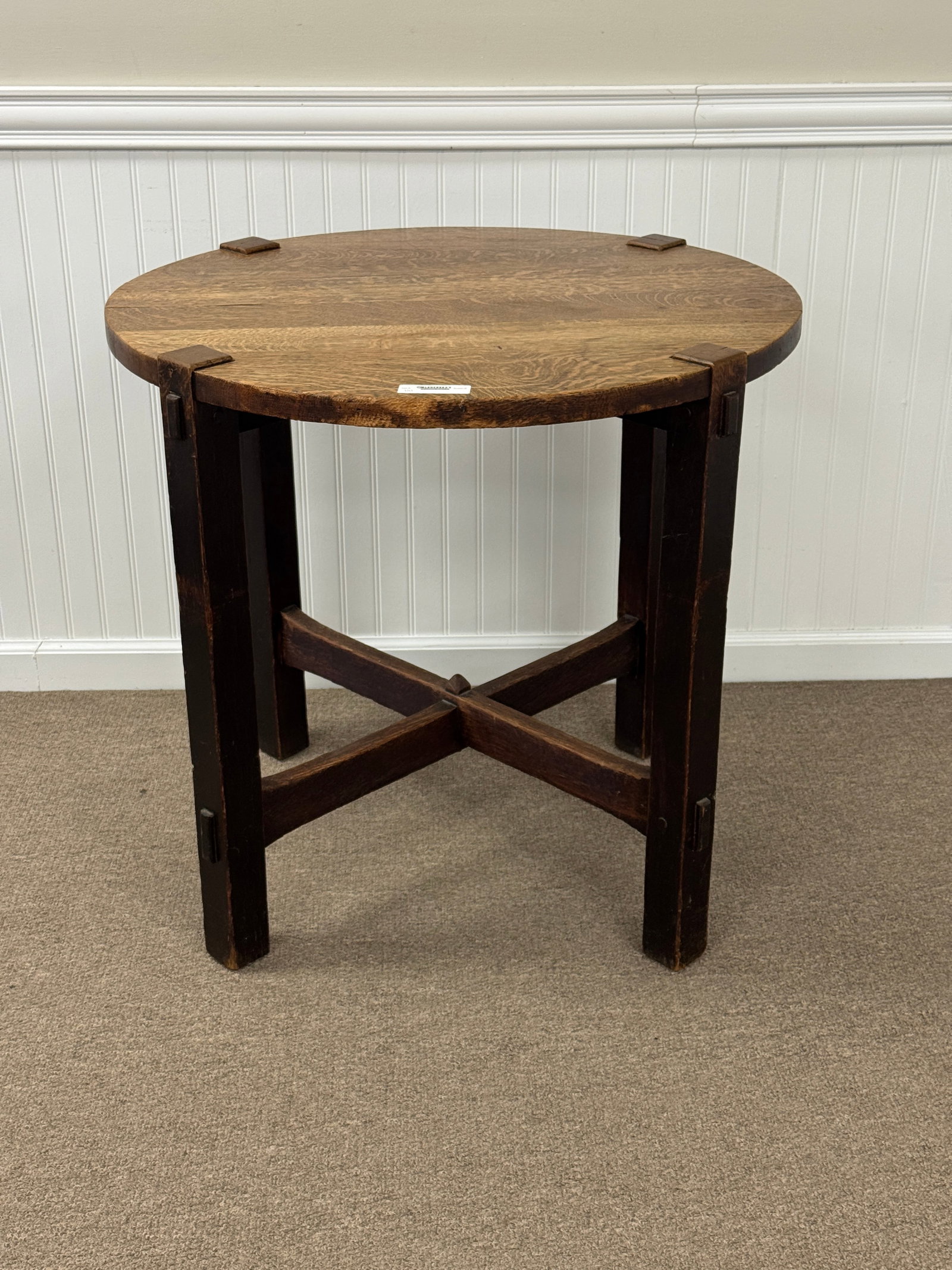 Gustav Stickley Model 440 Signed Lamp Table: 30" diameter, 28" tall. Original Finish. Signed with red decal. Trumpet stretcher base.