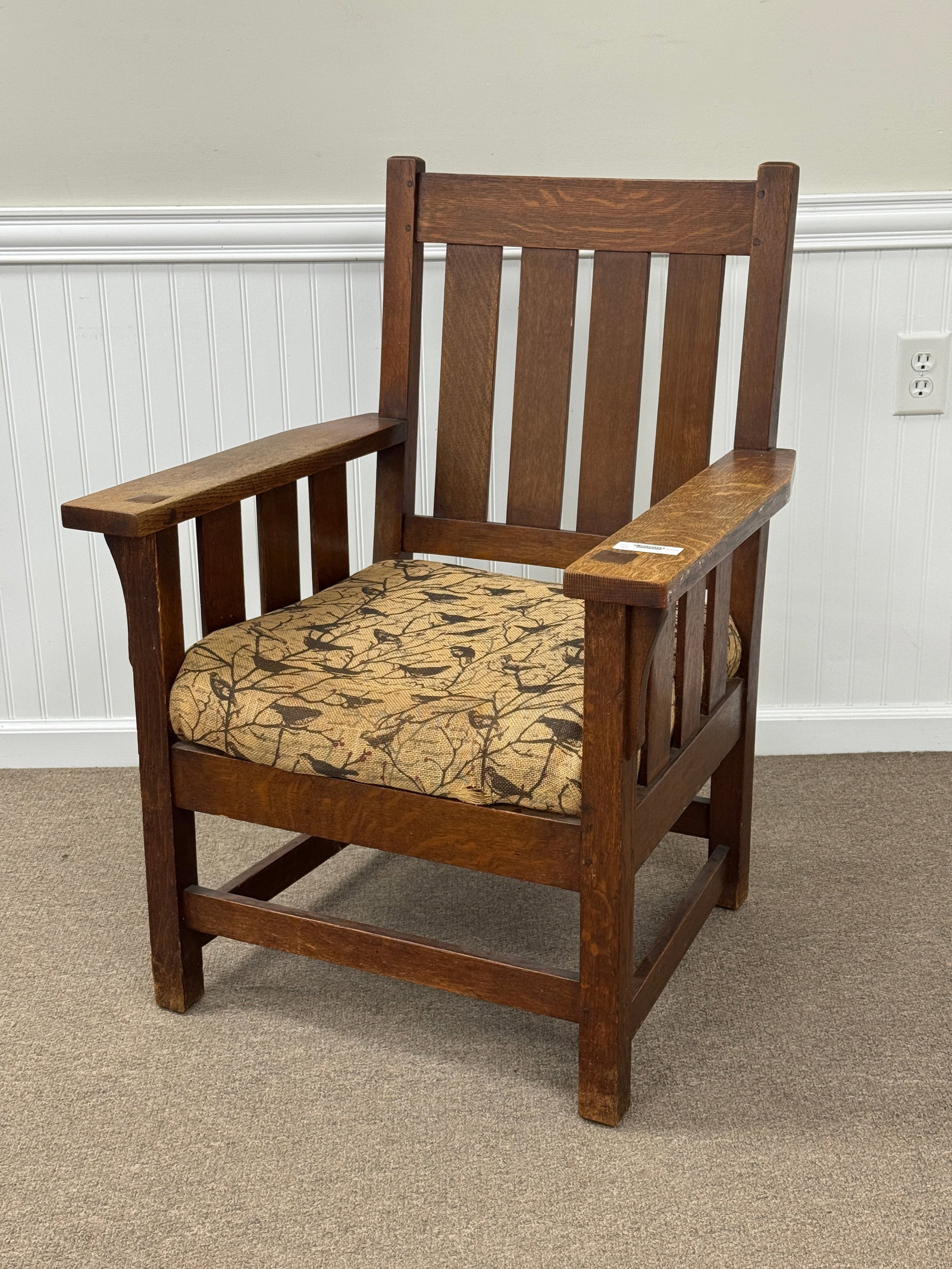 Mission Oak Arm Chair: as found original finish. Attributed to JM Young. Mortised and pegged construction. 37" tall.