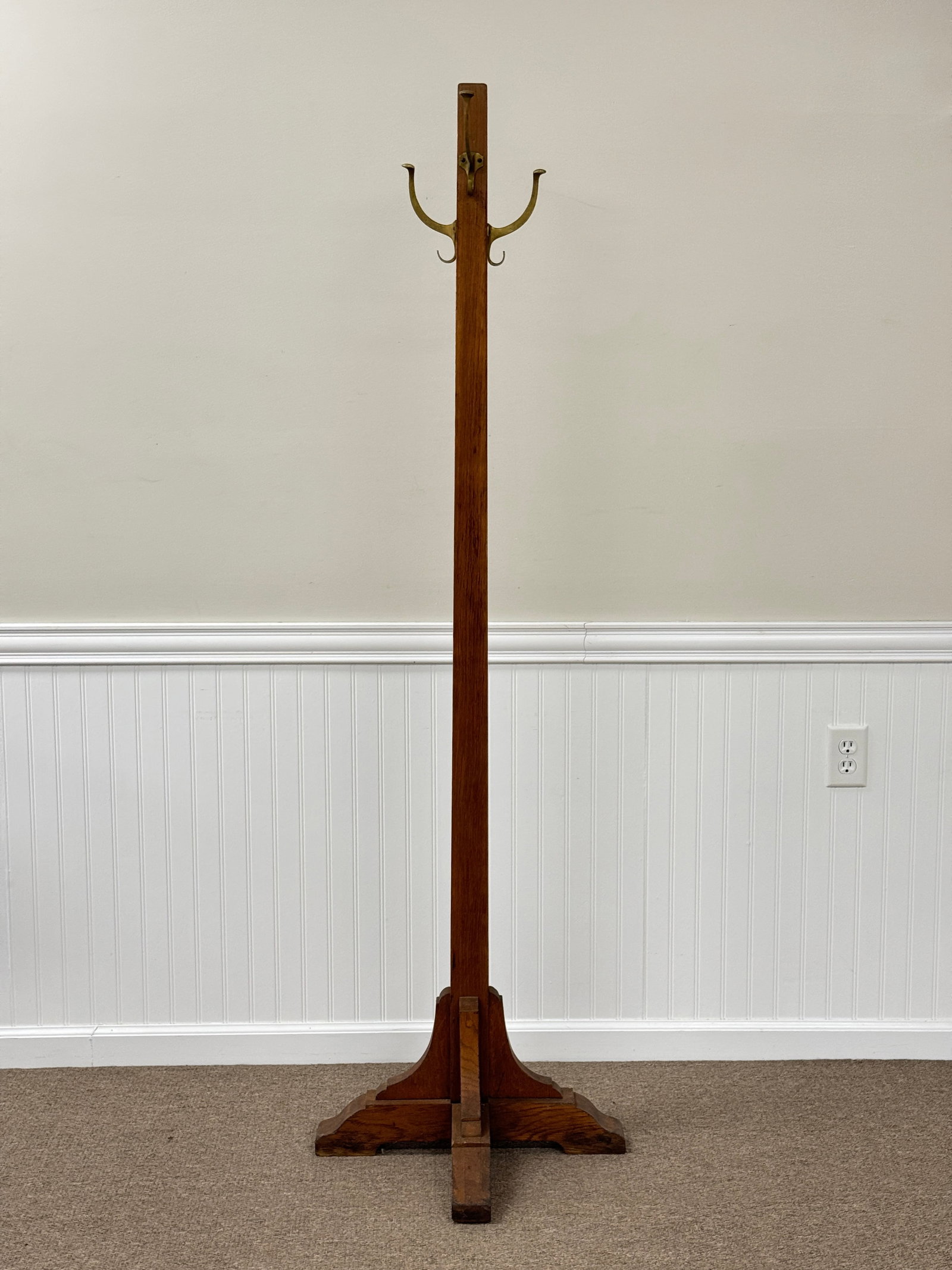 Mission Oak Coat Tree with Brass Hooks (1 of 3)