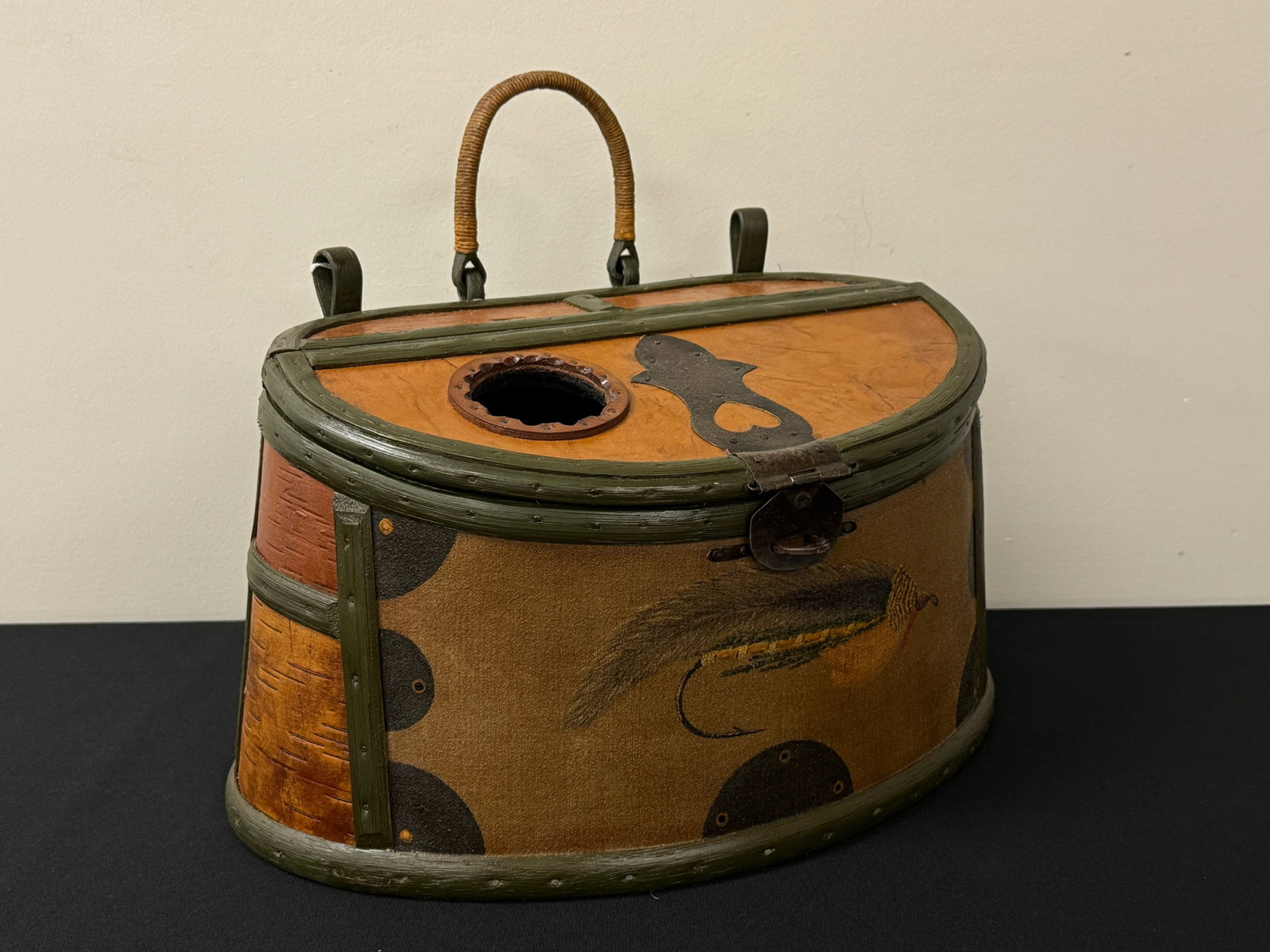 Joe E. Neale Fishing Creel w/ Hand Painted Fly: Woolwich, Maine. Finely made, hand painted canvas and birch bark, excellent condition, original label. 14.5" wide. One of the best contemporary makers.