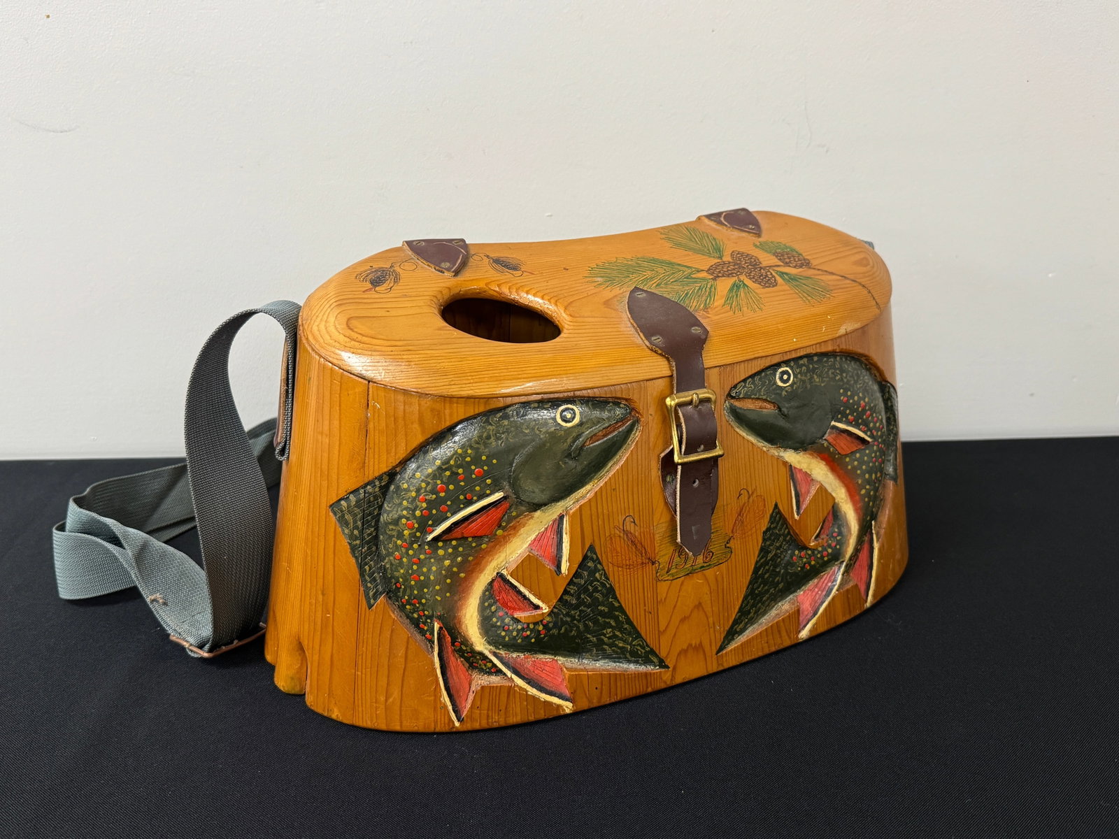Emile Robichaud Hand Carved & Painted Creel: 15" wide. Robichaud (1902-1993) was a guide on the Allagash River in Maine.
