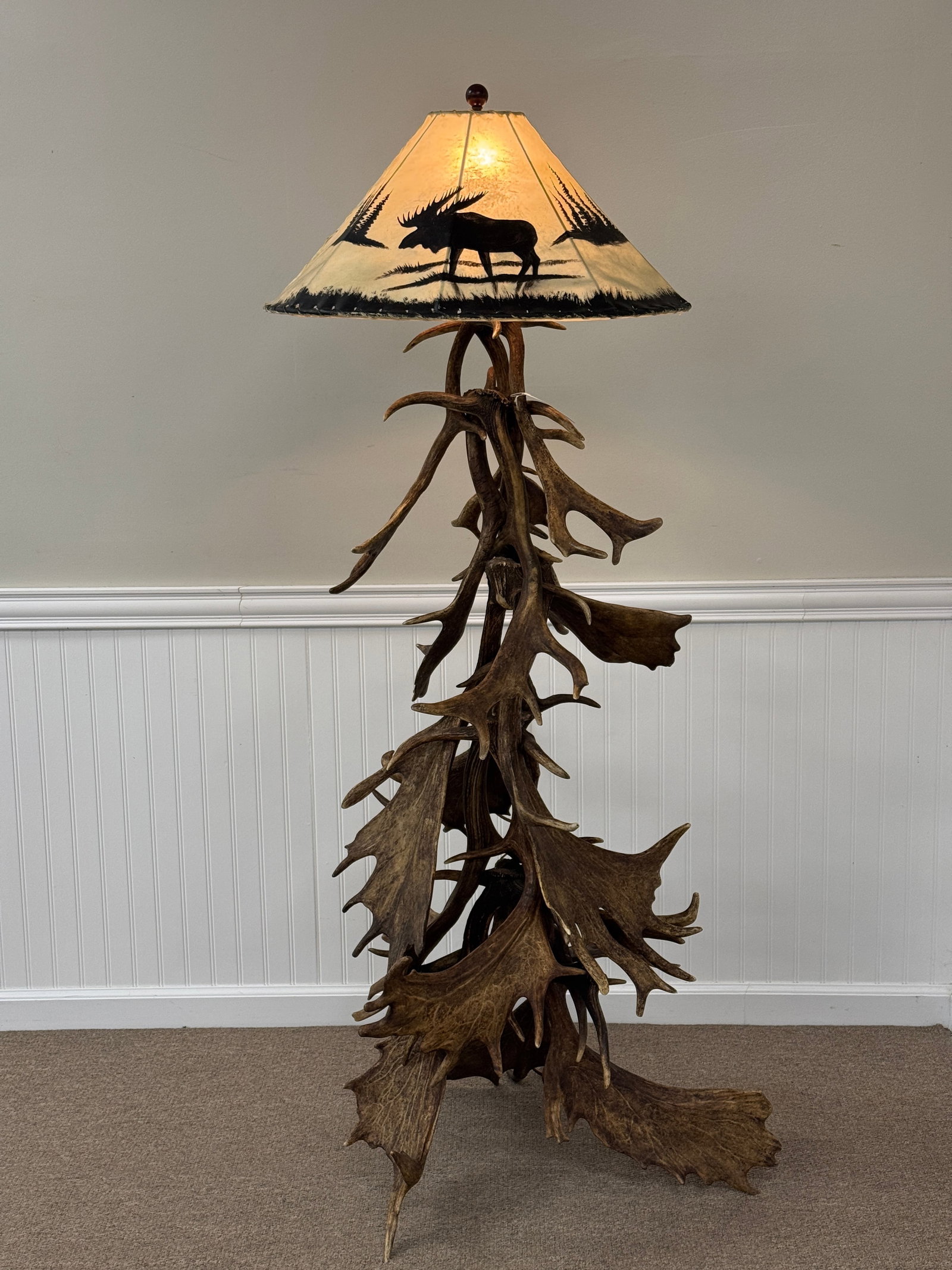Fallow Deer Antler Floor Lamp: with hand painted rawhide shade by Castanella. 66" tall with a 24" diameter shade. Very well made.