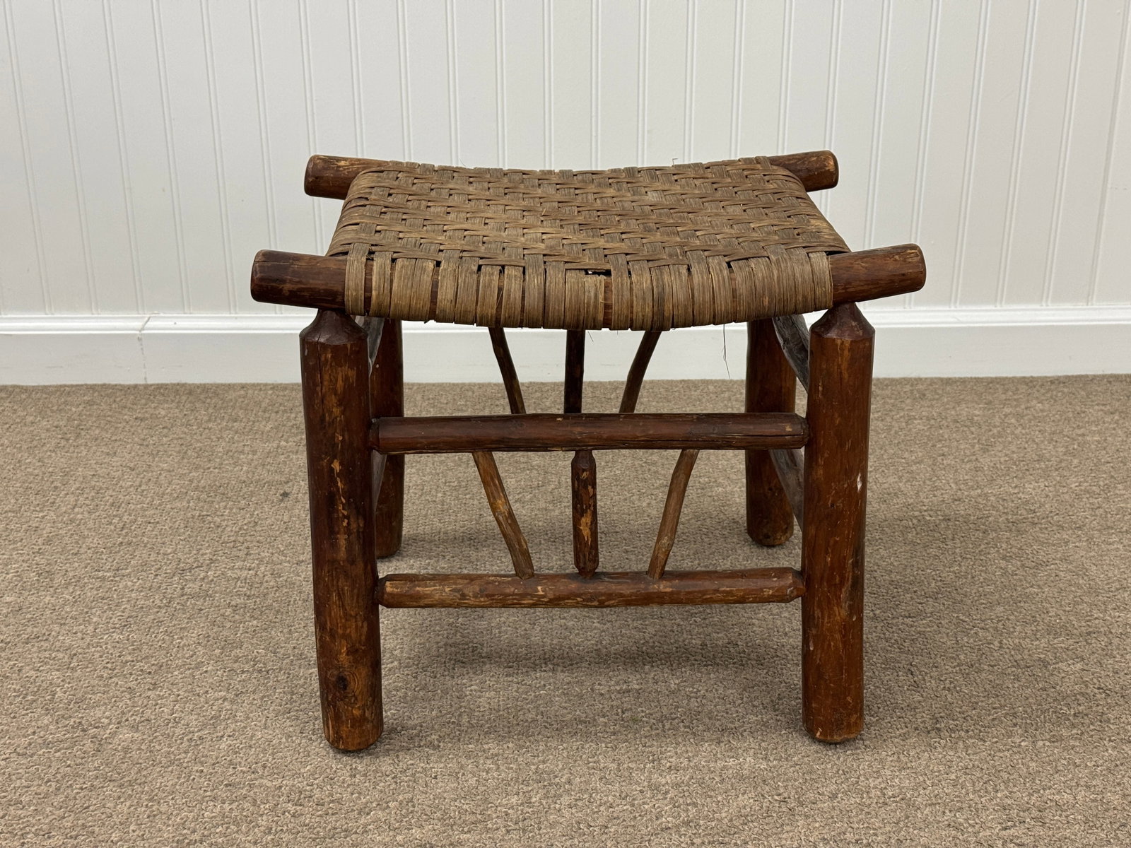 Rustic Adirondack Foot Stool with Woven Seat (1 of 3)