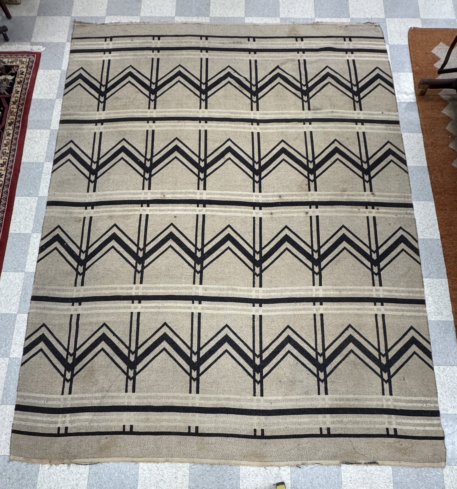 Arts & Crafts Flat Weave Room Size Rug: double sided. Has wear, stains and fraying along fringe. From Camp Togus, Whitney Park.