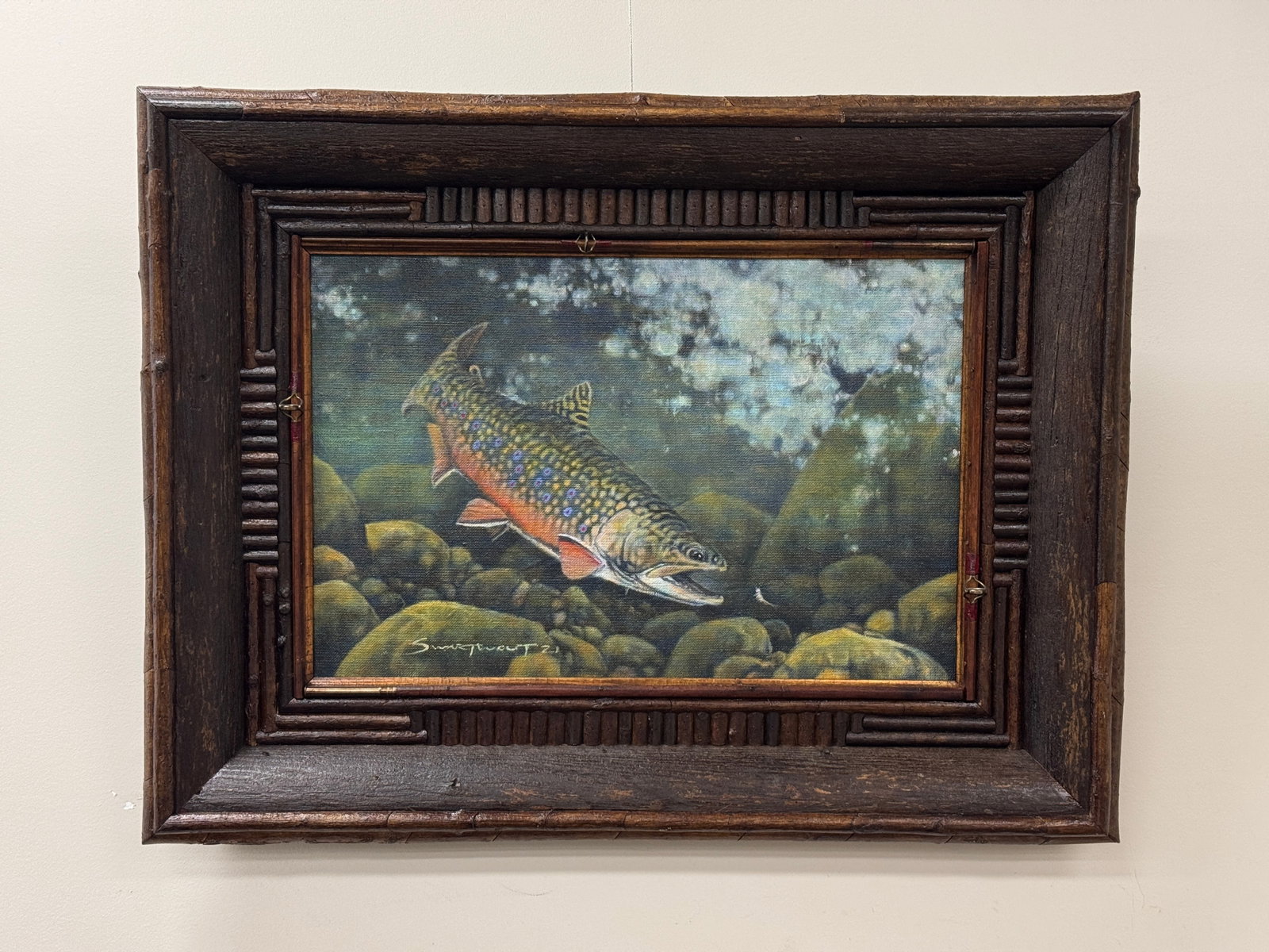"Plunge Pool Trout" Painting by Jonathan Swartwout: in a custom mosaic Adirondack frame. 22.5" x 29.5" Excellent condition. Original oil painting.